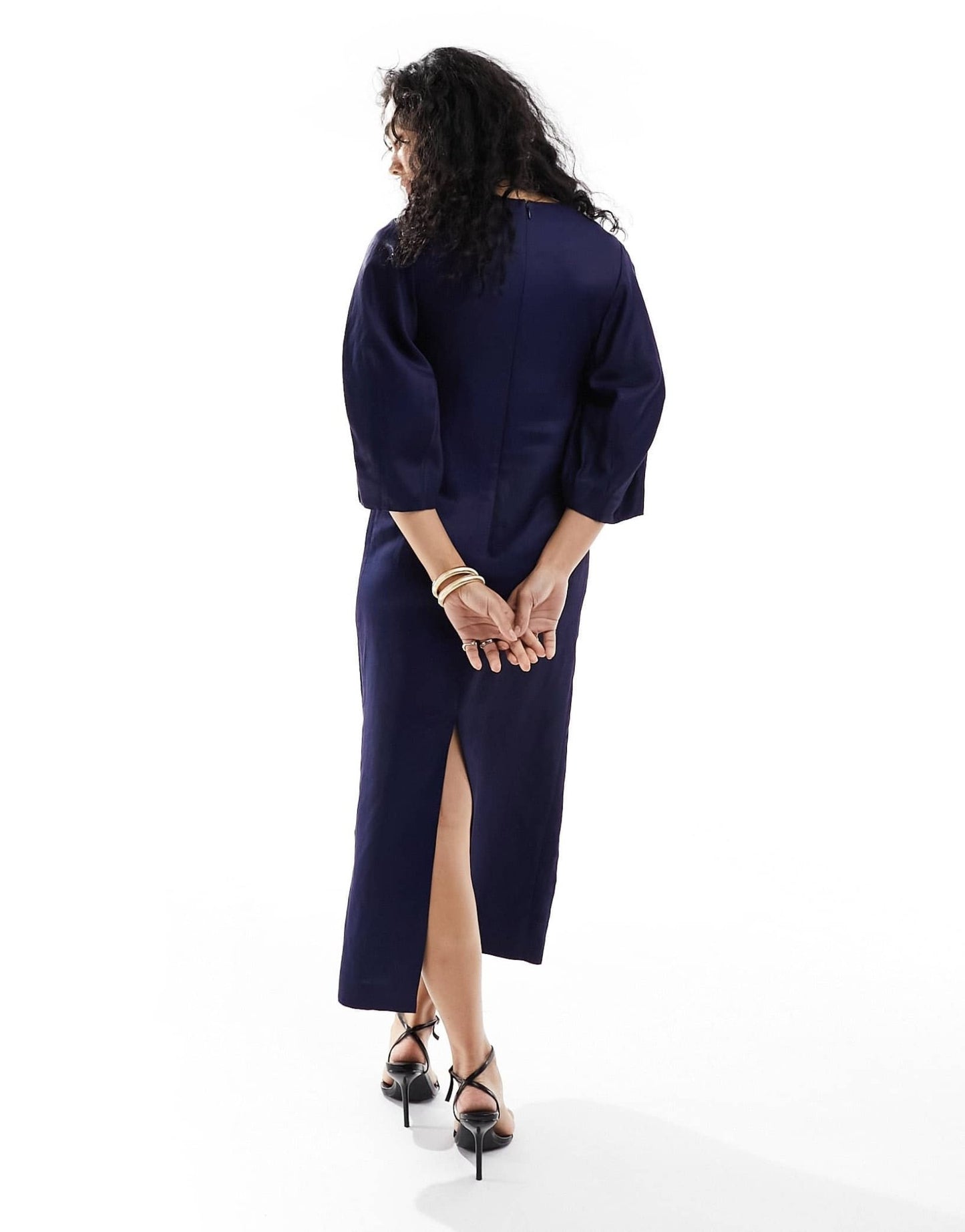& Other Stories blend midaxi column dress with sculptural sleeves in dark blue - ASOS Sample Sale EU Store