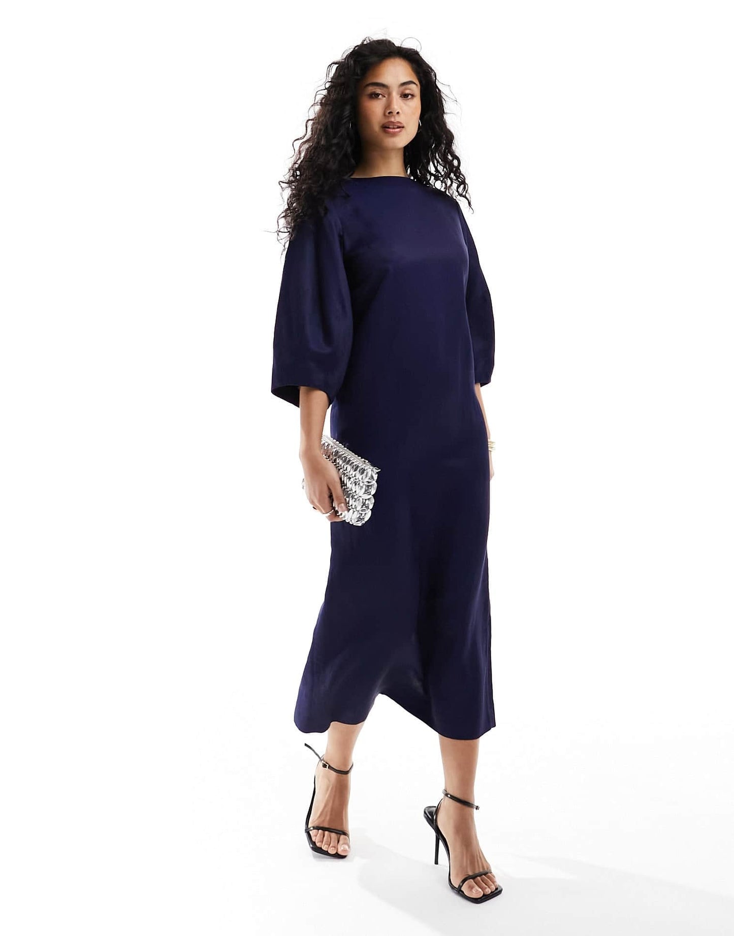 & Other Stories blend midaxi column dress with sculptural sleeves in dark blue - ASOS Sample Sale EU Store