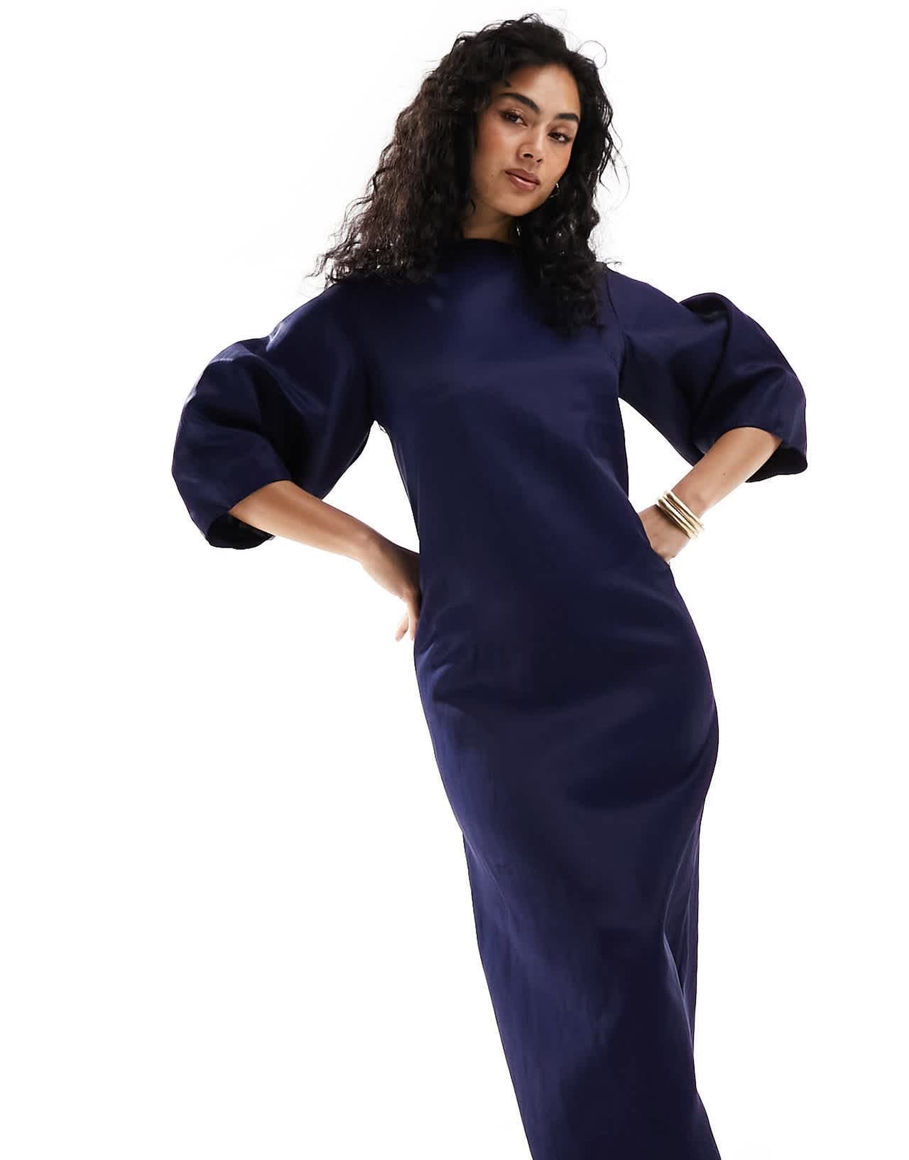 & Other Stories blend midaxi column dress with sculptural sleeves in dark blue - ASOS Sample Sale EU Store