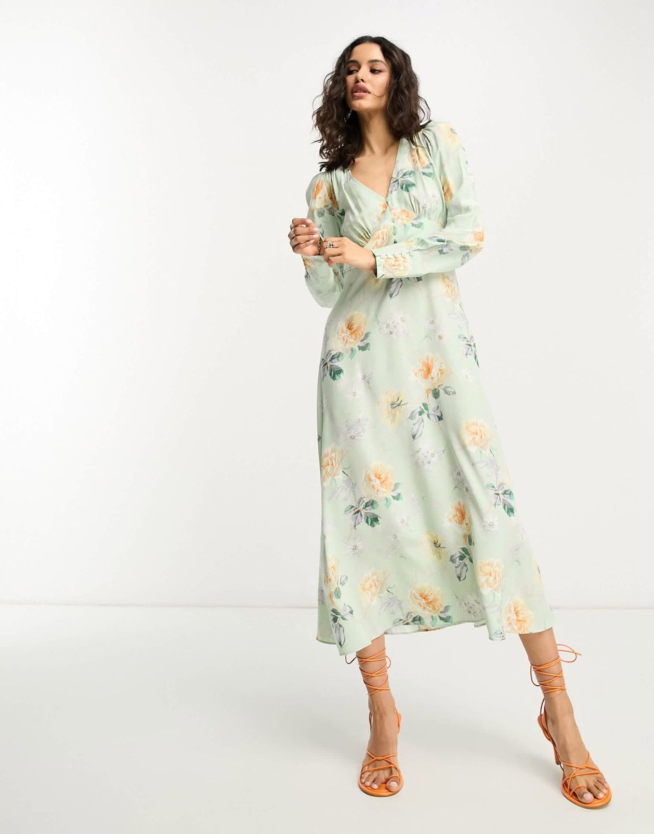 & Other Stories button detail midi dress in green floral - ASOS Sample Sale EU Store