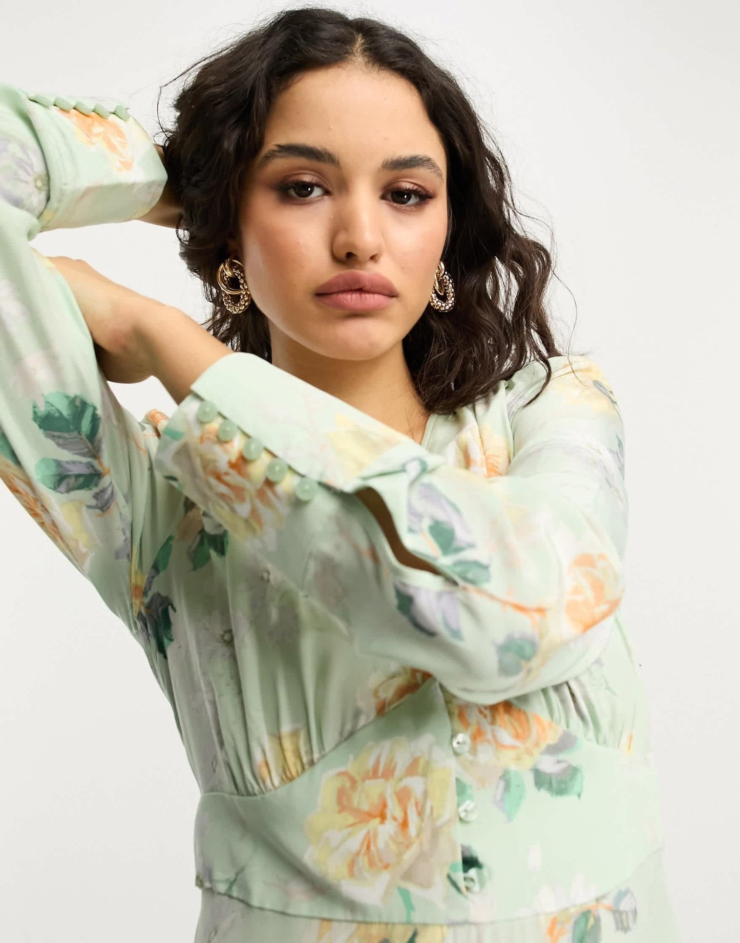 & Other Stories button detail midi dress in green floral - ASOS Sample Sale EU Store
