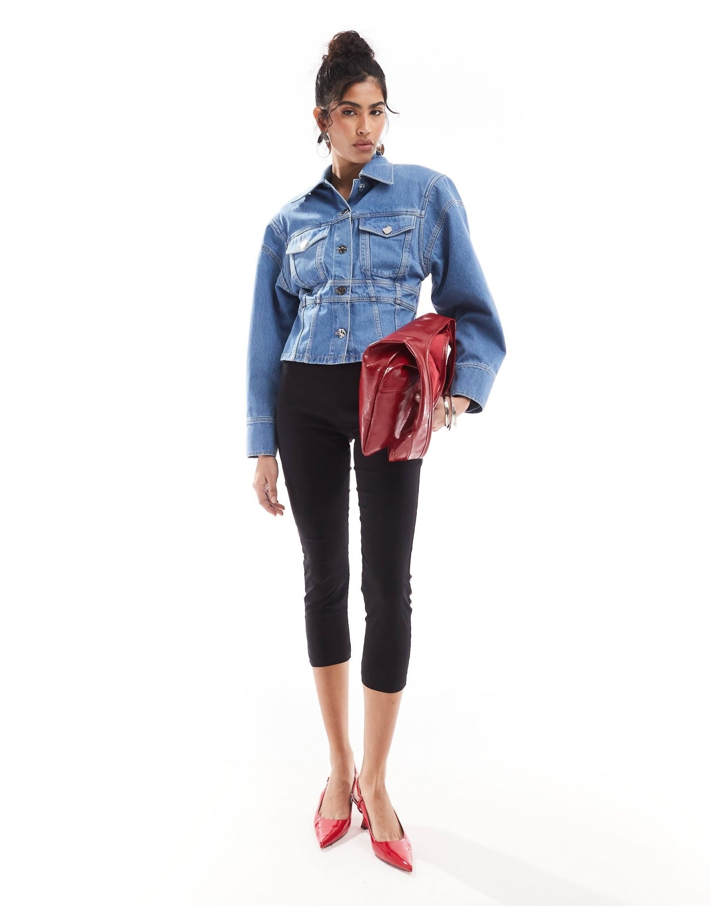 & Other Stories denim jacket with corset waist and extended shoulder in mid wash blue - ASOS Sample Sale EU Store