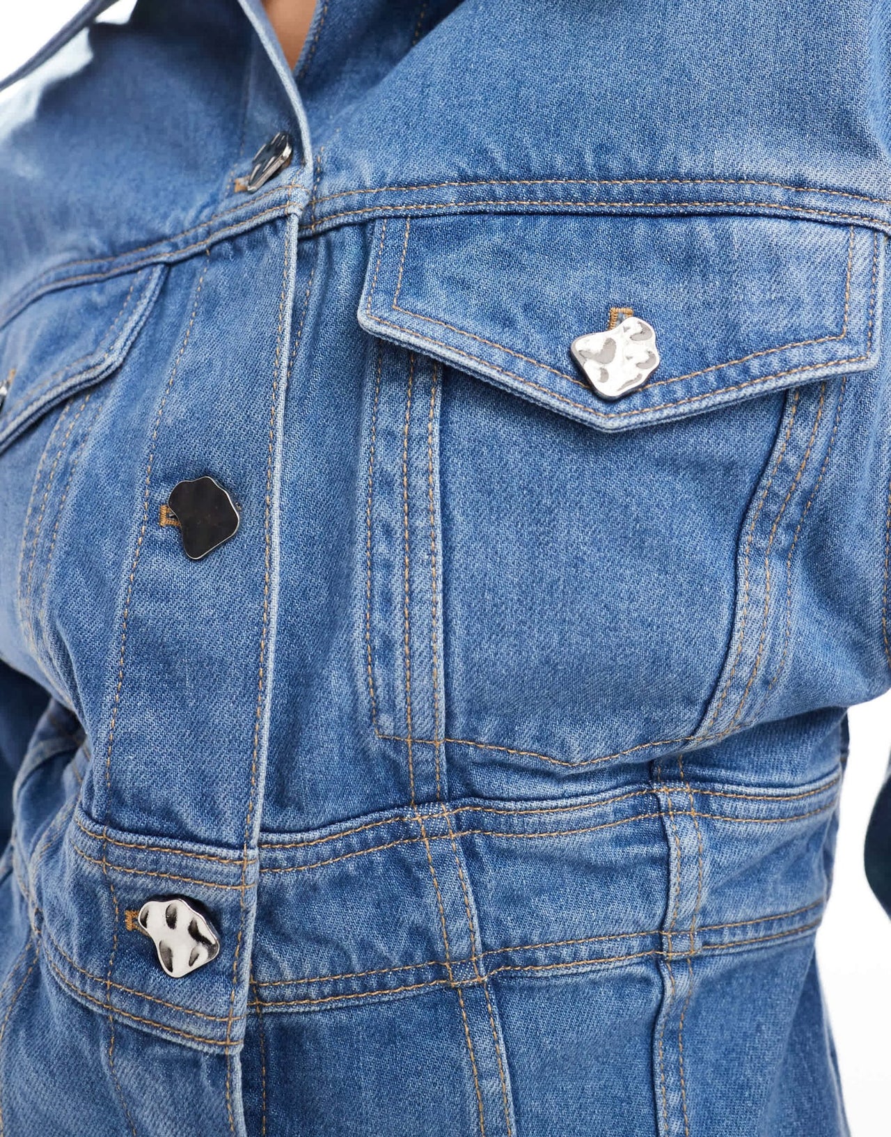 & Other Stories denim jacket with corset waist and extended shoulder in mid wash blue - ASOS Sample Sale EU Store