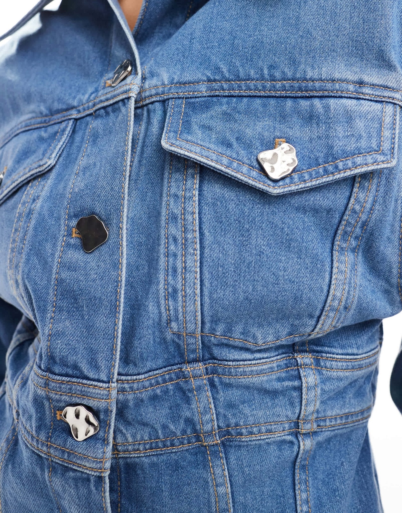 & Other Stories denim jacket with corset waist and extended shoulder in mid wash blue - ASOS Sample Sale EU Store