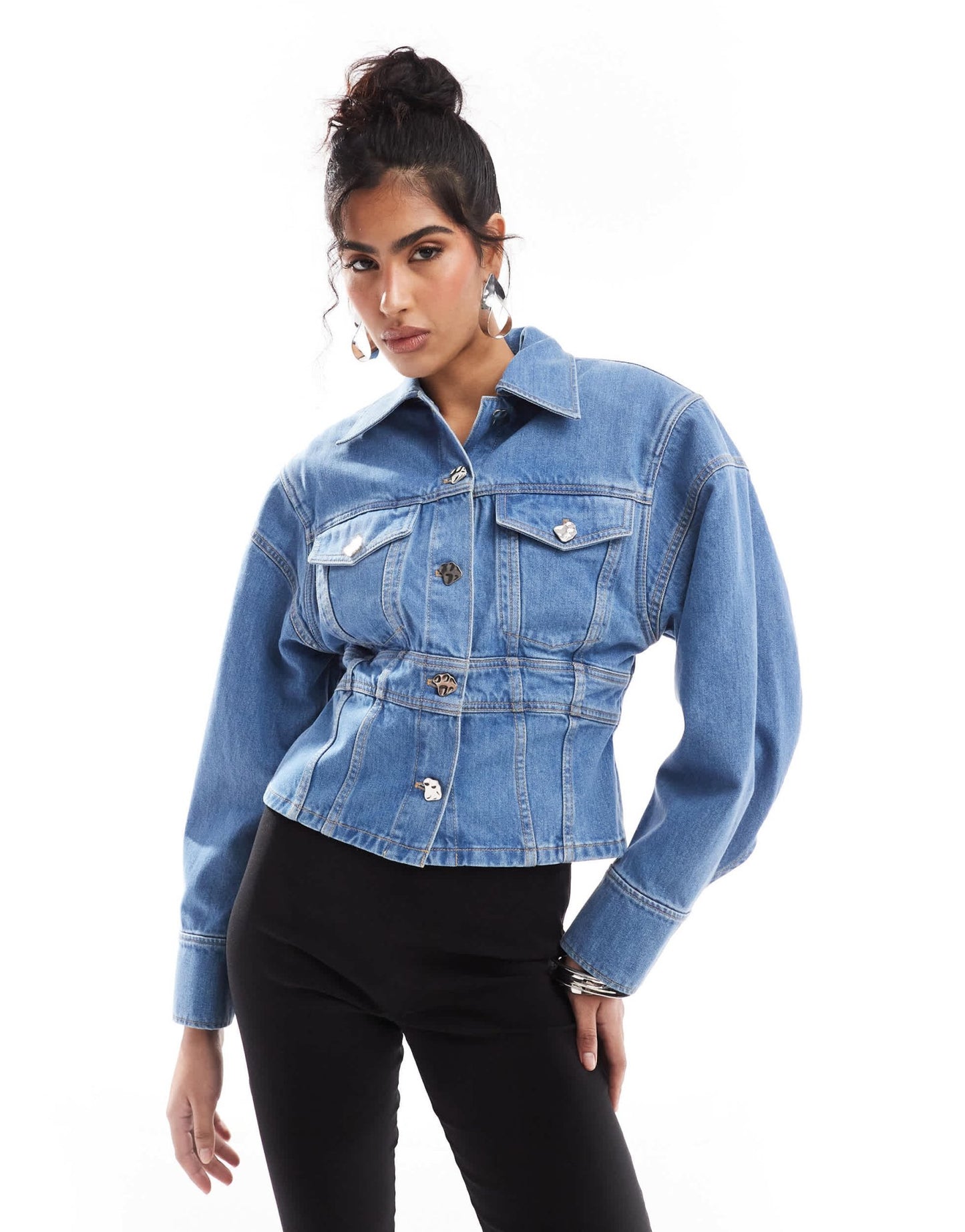 & Other Stories denim jacket with corset waist and extended shoulder in mid wash blue - ASOS Sample Sale EU Store