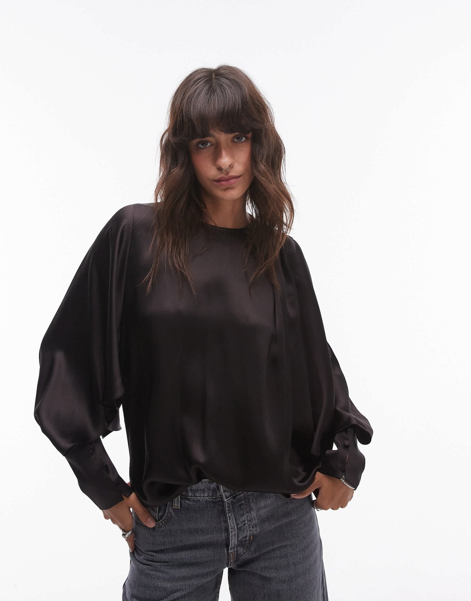 & Other Stories drape detail blouse with volume sleeves in dark brown - ASOS Sample Sale EU Store
