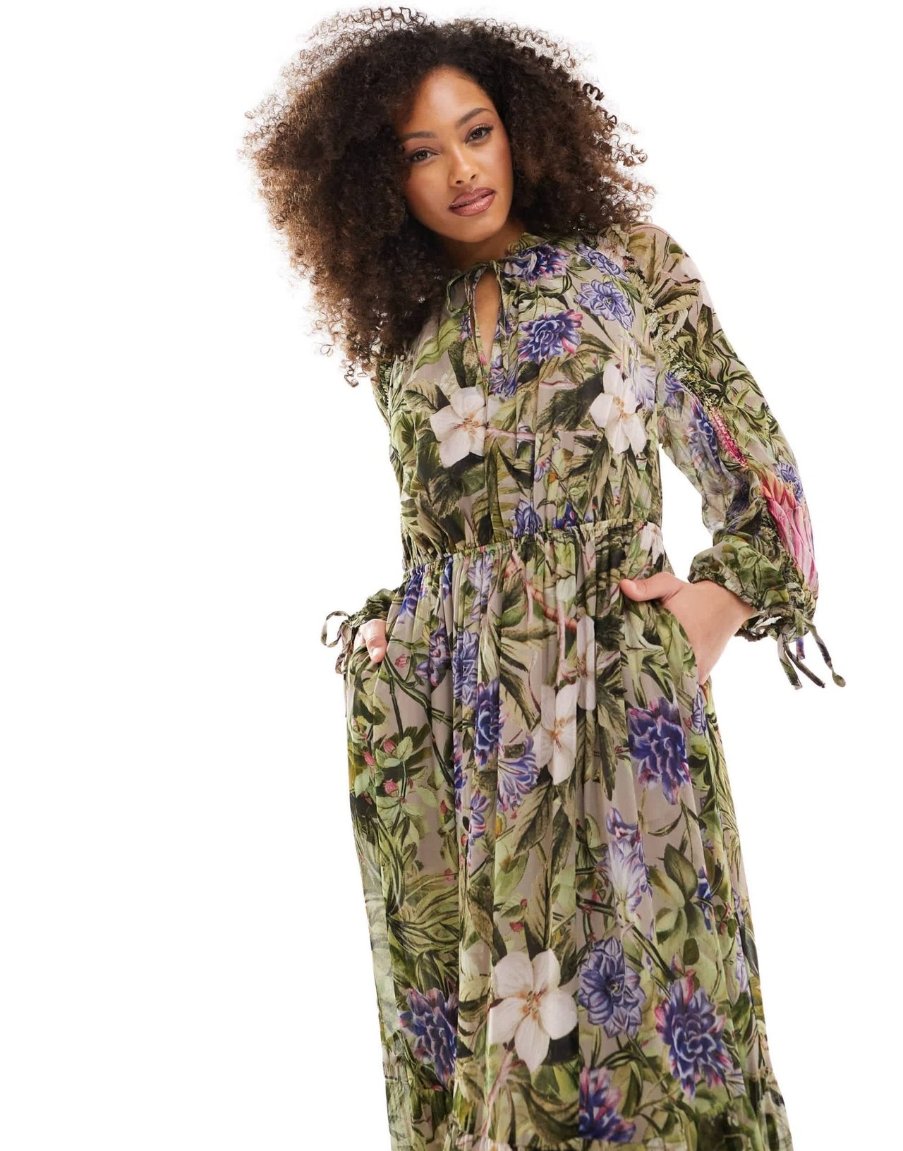 & Other Stories drapey midaxi dress with ruche tie volume sleeves and tiered hem in floral leaf print - ASOS Sample Sale EU Store