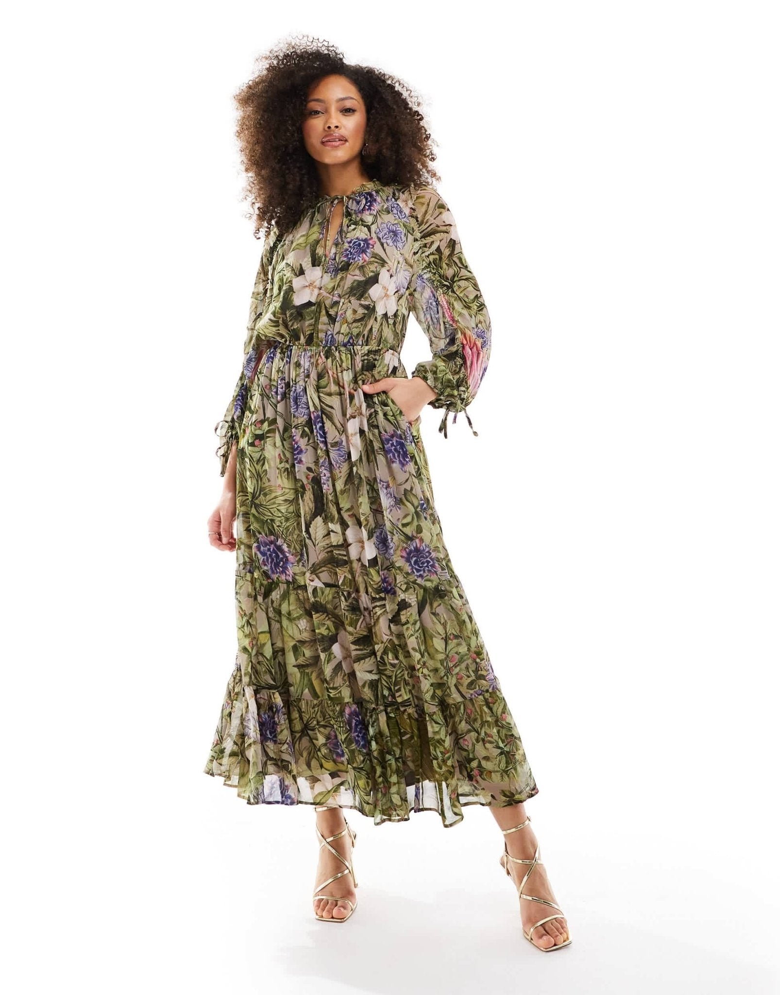 & Other Stories drapey midaxi dress with ruche tie volume sleeves and tiered hem in floral leaf print - ASOS Sample Sale EU Store