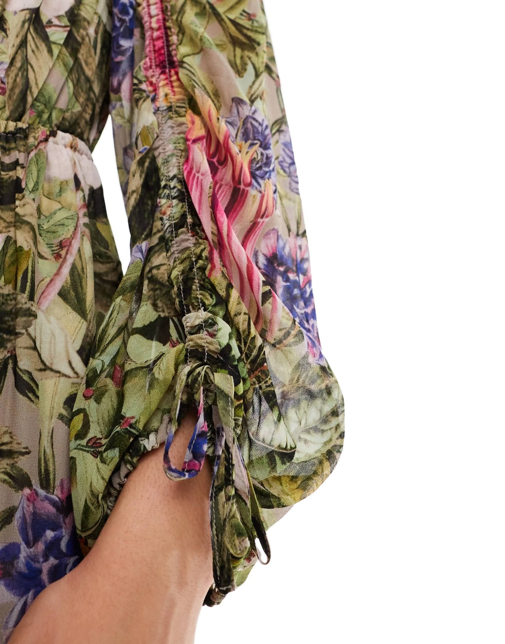 & Other Stories drapey midaxi dress with ruche tie volume sleeves and tiered hem in floral leaf print - ASOS Sample Sale EU Store