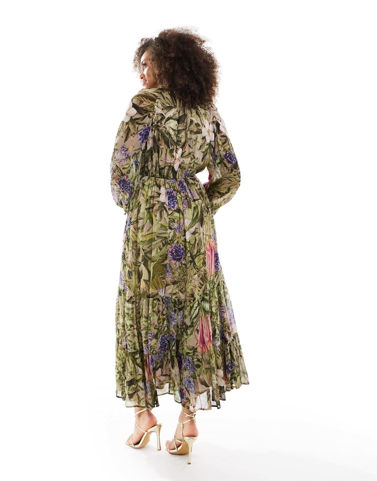 & Other Stories drapey midaxi dress with ruche tie volume sleeves and tiered hem in floral leaf print - ASOS Sample Sale EU Store