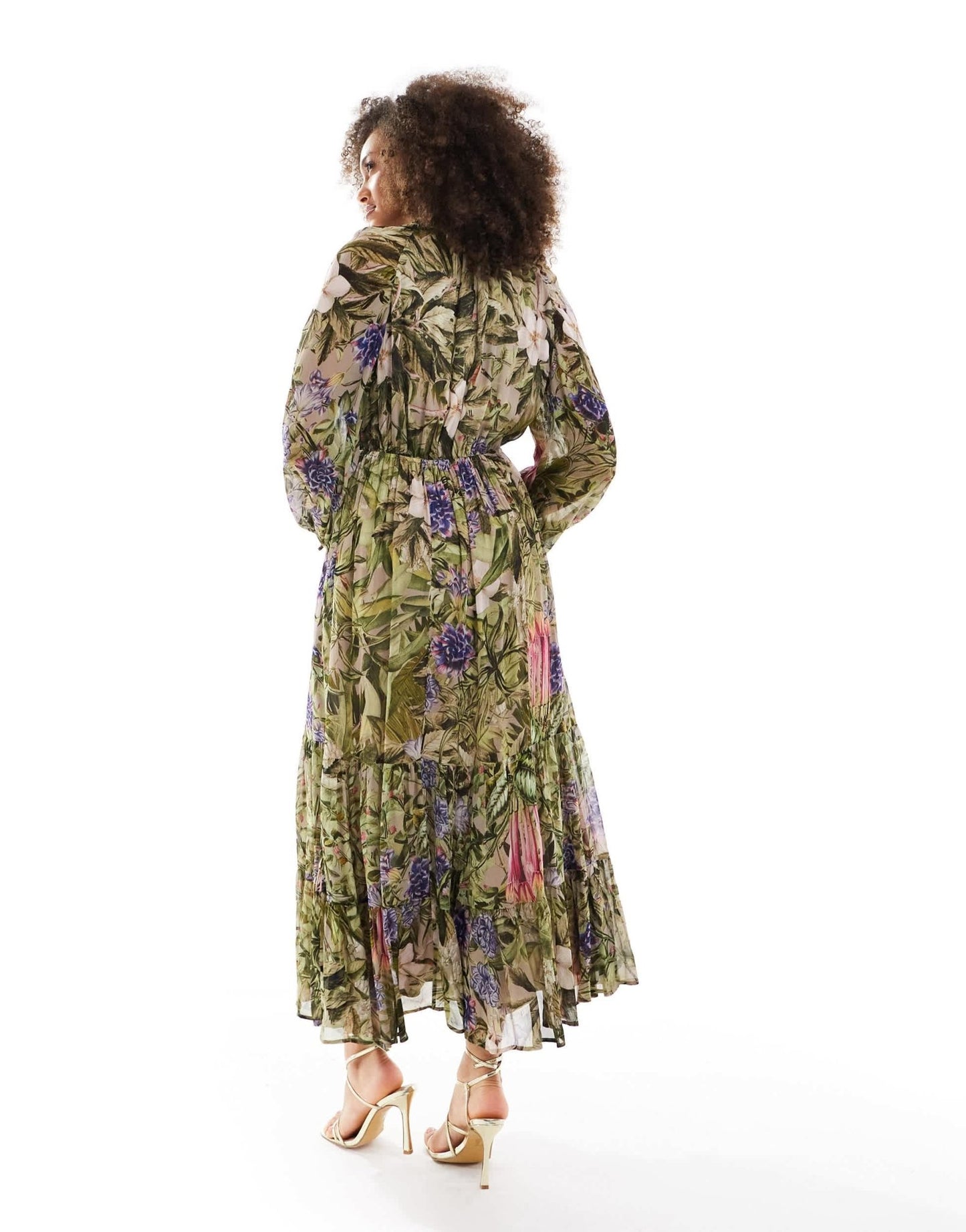 & Other Stories drapey midaxi dress with ruche tie volume sleeves and tiered hem in floral leaf print - ASOS Sample Sale EU Store