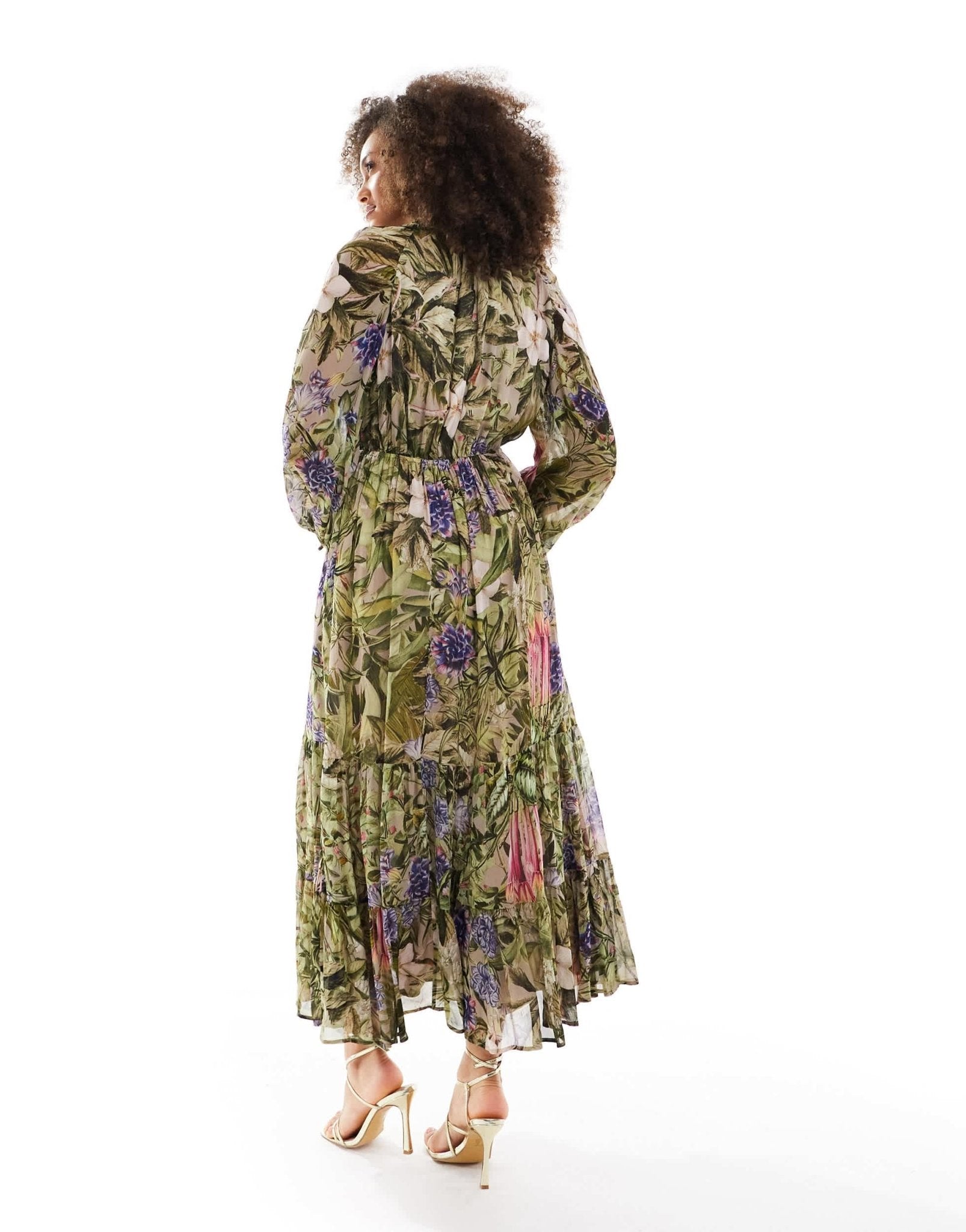 & Other Stories drapey midaxi dress with ruche tie volume sleeves and tiered hem in floral leaf print - ASOS Sample Sale EU Store
