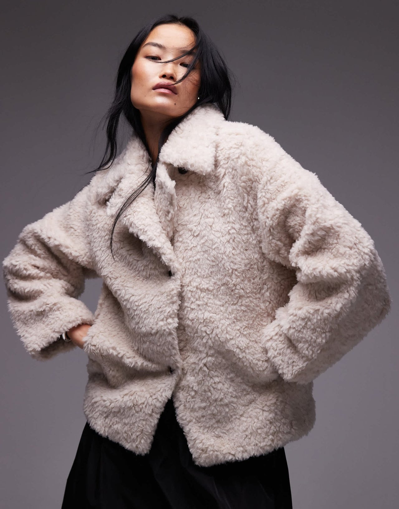 & Other Stories faux fur jacket with asymmetric button front in beige - ASOS Sample Sale EU Store