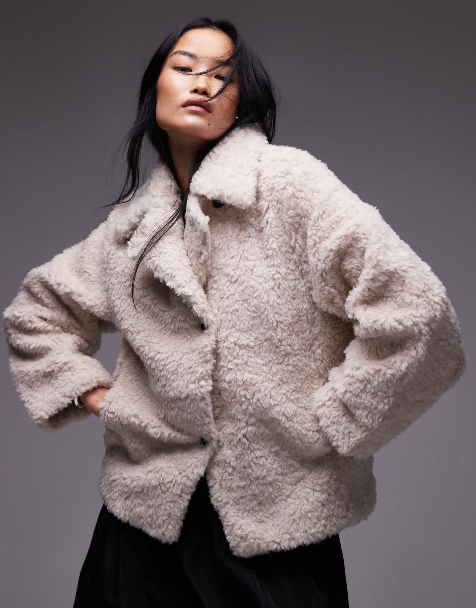 & Other Stories faux fur jacket with asymmetric button front in beige - ASOS Sample Sale EU Store