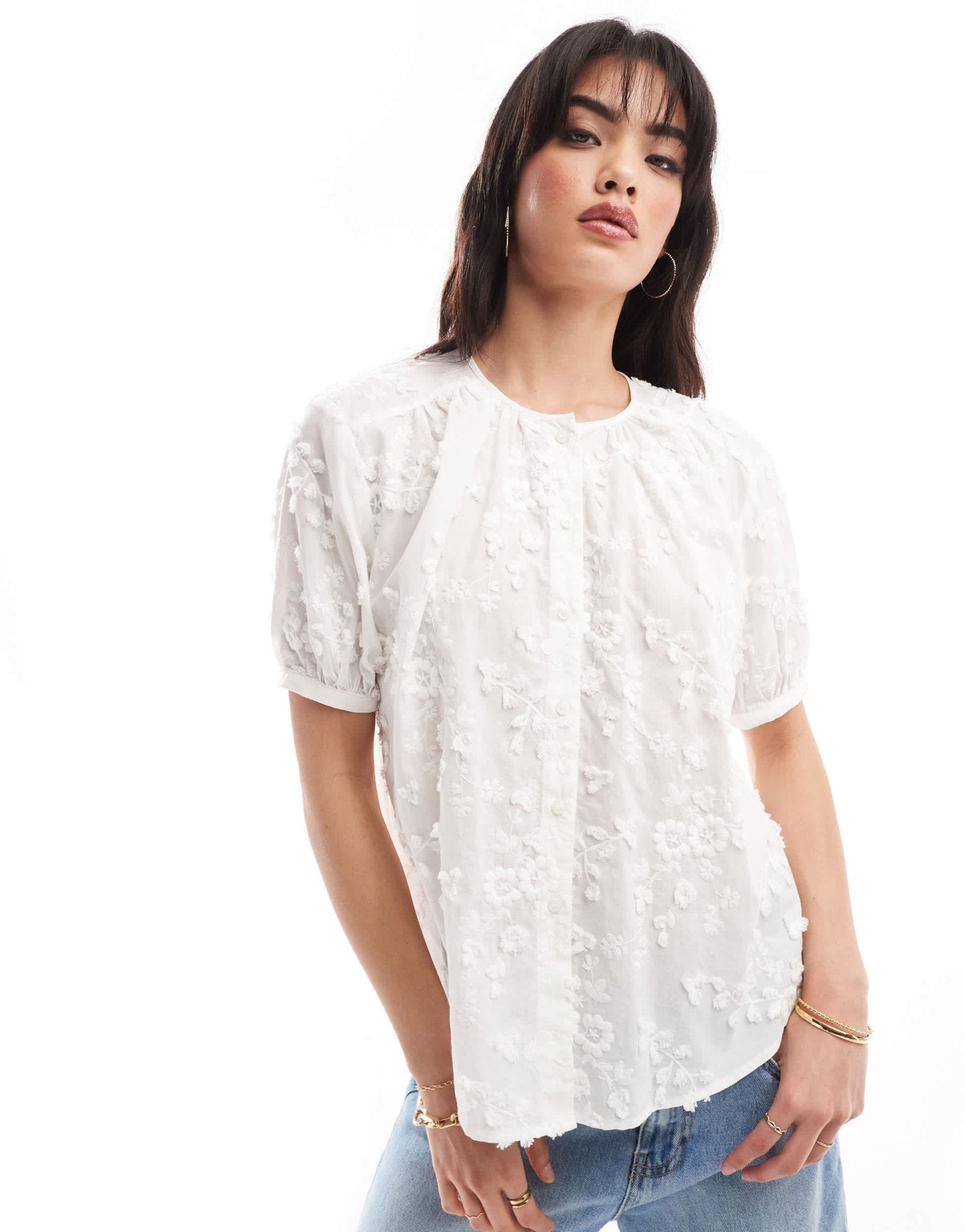 & Other Stories floral embroidered short sleeve blouse in white - ASOS Sample Sale EU Store