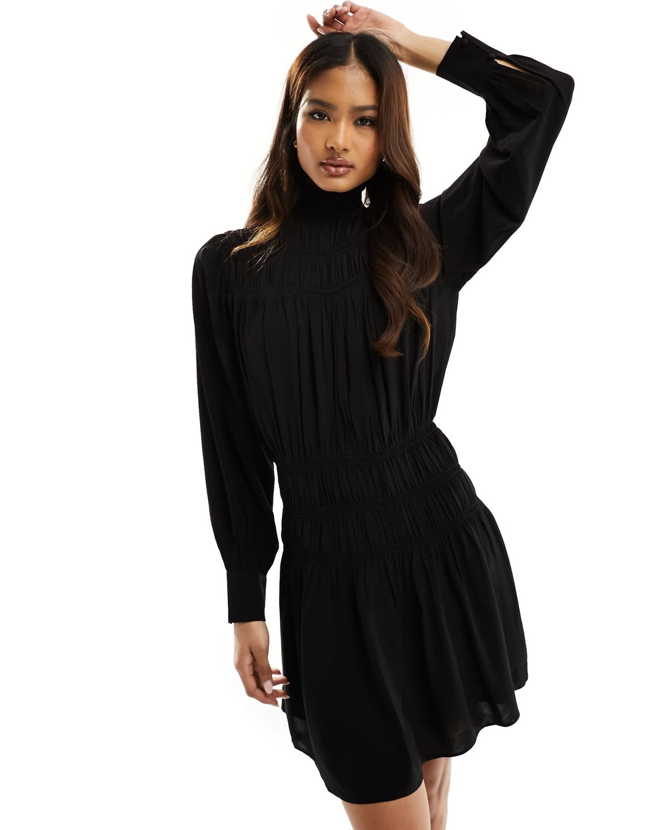 & Other Stories frill high neck long sleeve dress with puff sleeves in black - ASOS Sample Sale EU Store