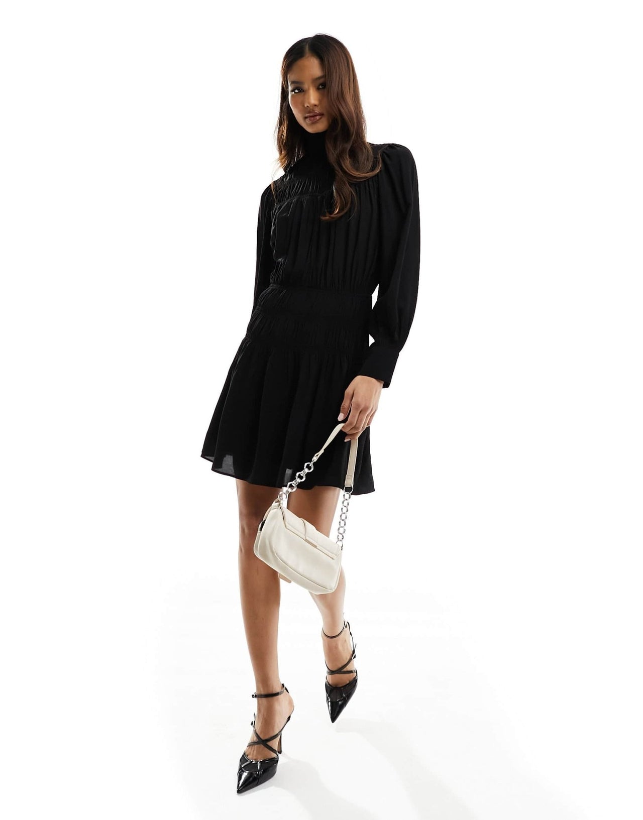 & Other Stories frill high neck long sleeve dress with puff sleeves in black - ASOS Sample Sale EU Store