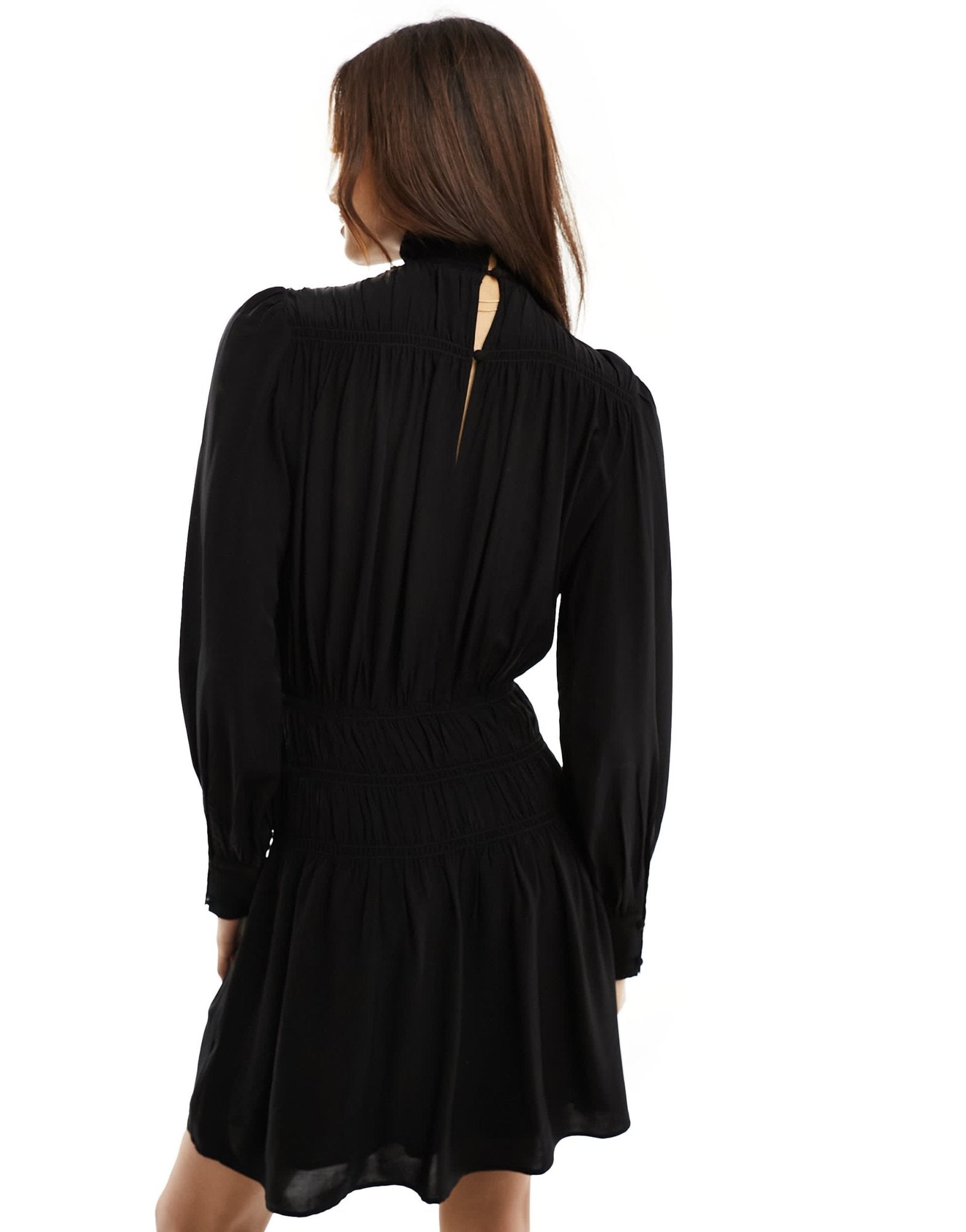 & Other Stories frill high neck long sleeve dress with puff sleeves in black - ASOS Sample Sale EU Store