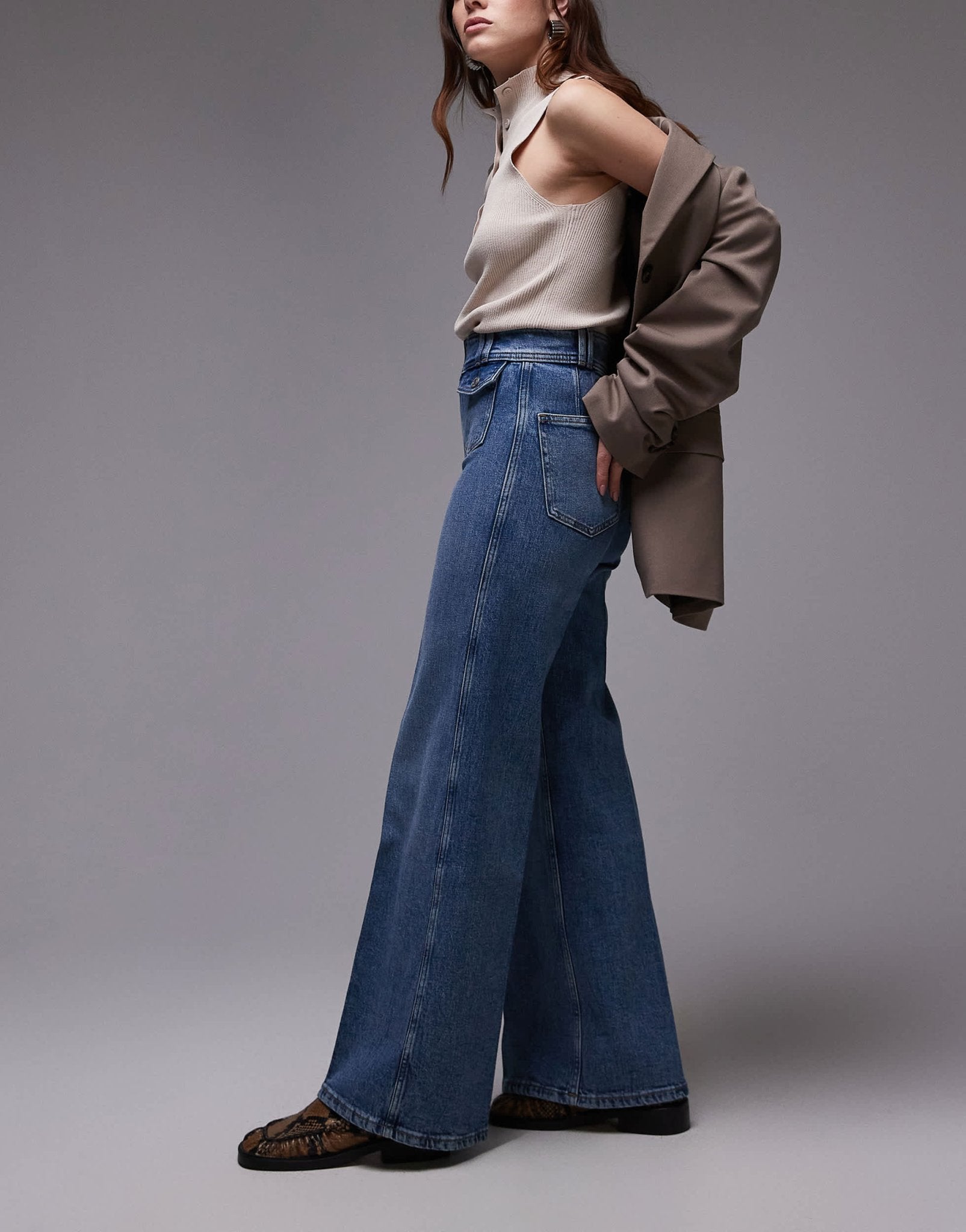 & Other Stories high waist wide leg jeans with double button waistband and pocket detail in mid wash blue - ASOS Sample Sale EU Store