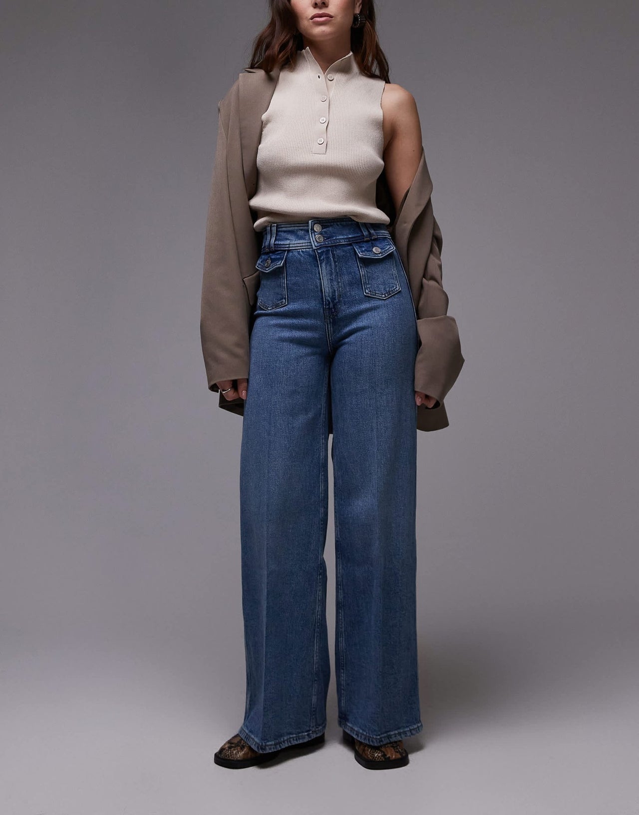 & Other Stories high waist wide leg jeans with double button waistband and pocket detail in mid wash blue - ASOS Sample Sale EU Store