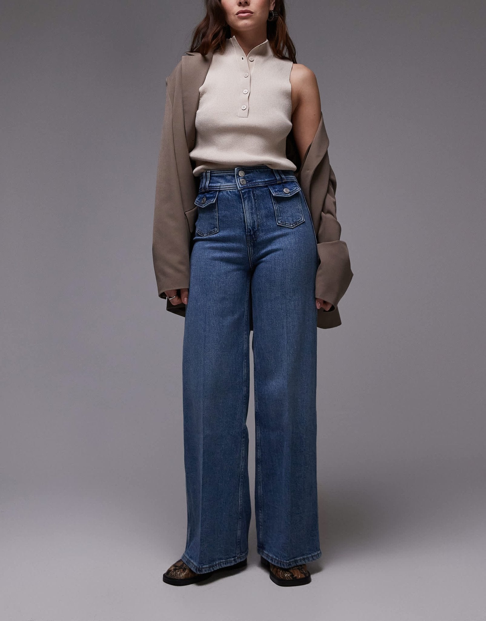 & Other Stories high waist wide leg jeans with double button waistband and pocket detail in mid wash blue - ASOS Sample Sale EU Store