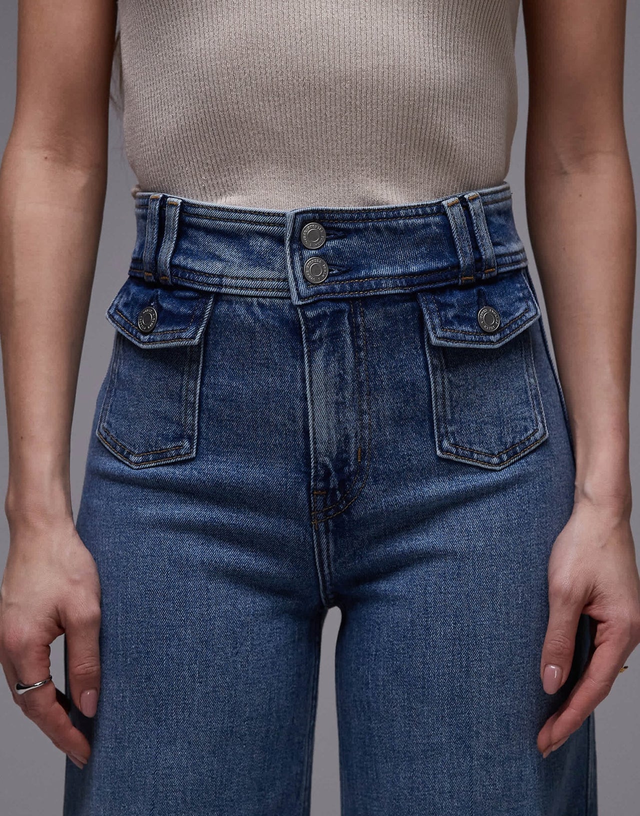 & Other Stories high waist wide leg jeans with double button waistband and pocket detail in mid wash blue - ASOS Sample Sale EU Store