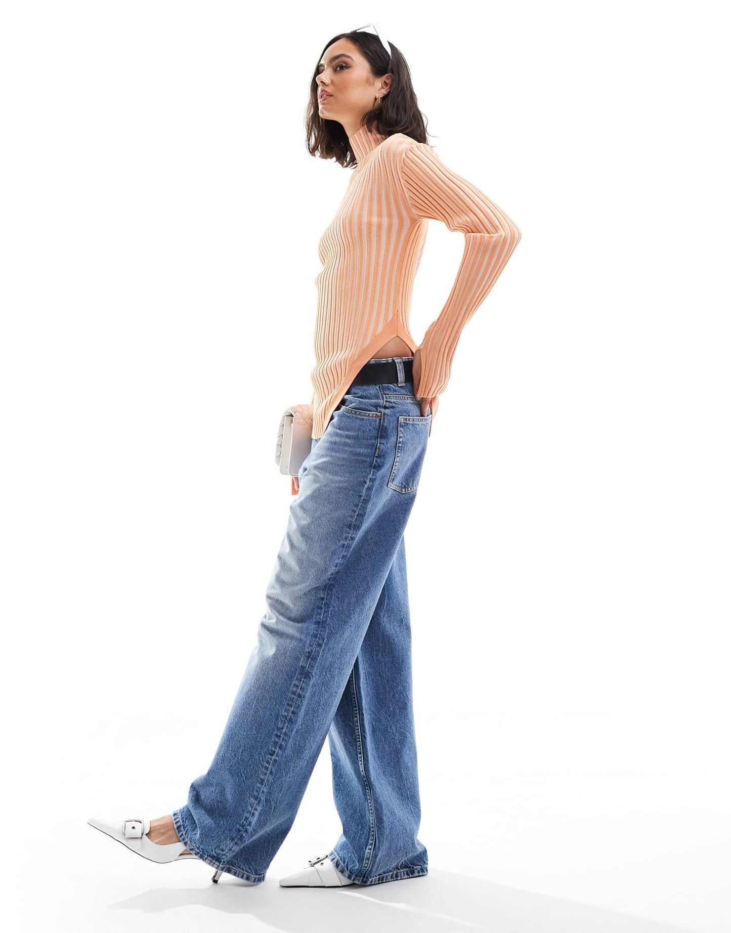 & Other Stories knitted rib fitted sweater with cut away hem detail in orange two tone - ASOS Sample Sale EU Store