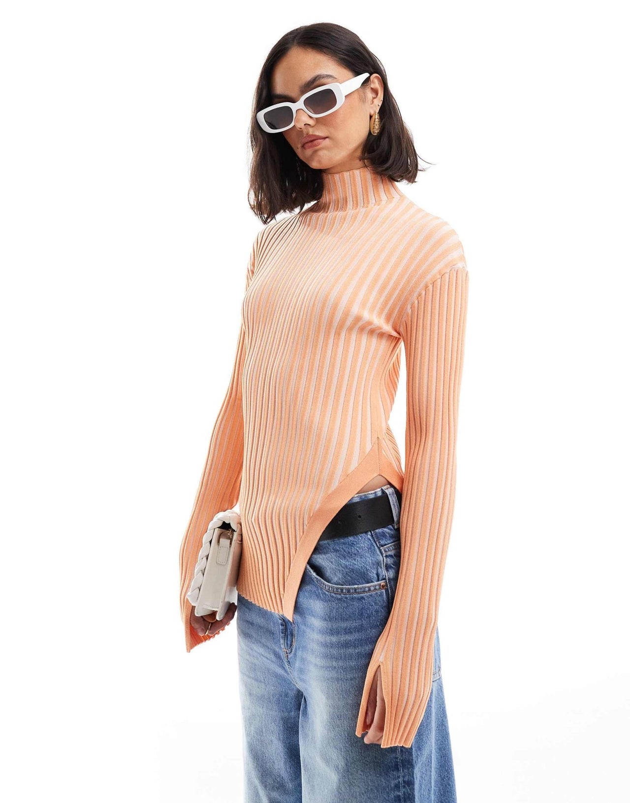 & Other Stories knitted rib fitted sweater with cut away hem detail in orange two tone - ASOS Sample Sale EU Store