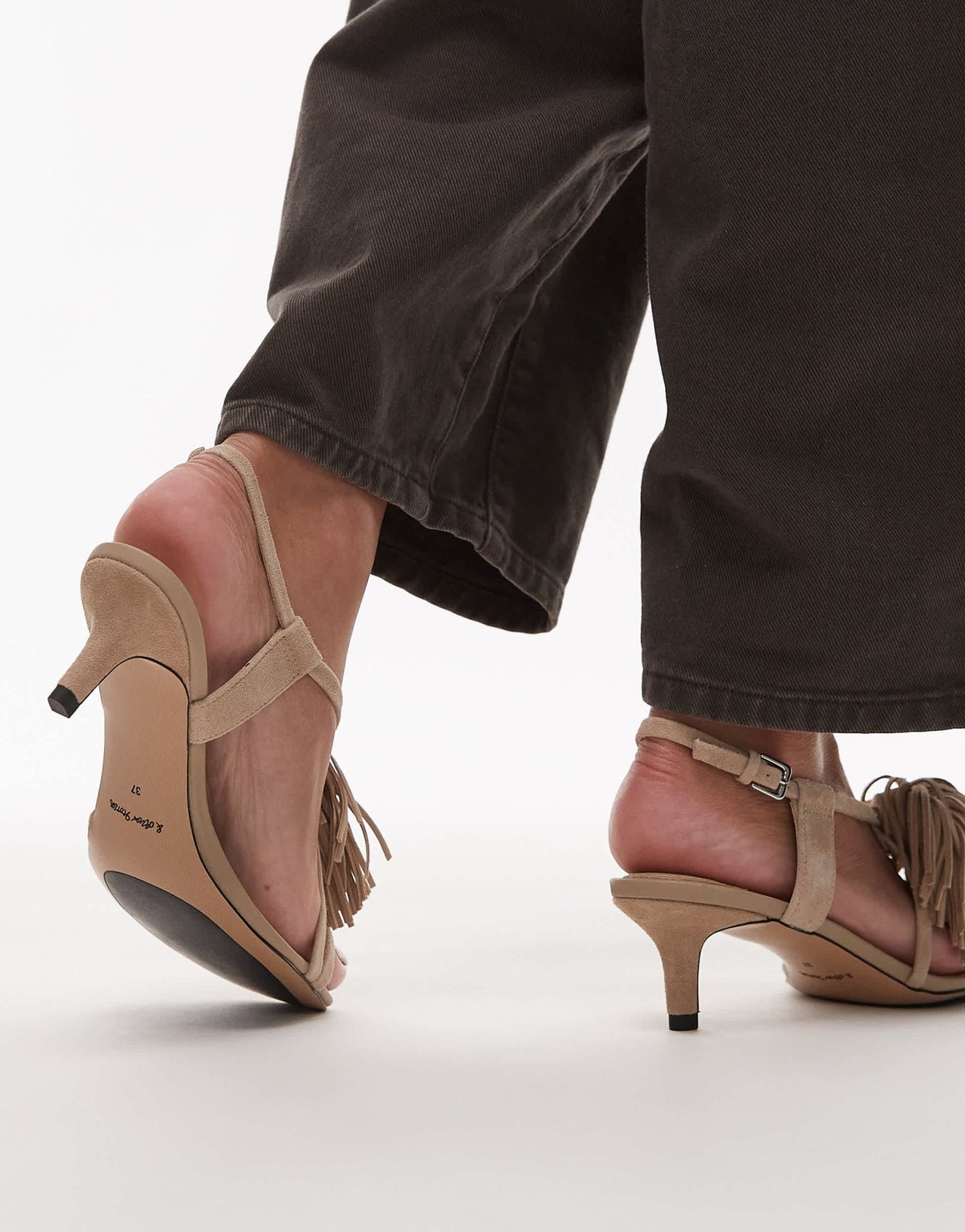 & Other Stories leather slingback open toe kitten heels with fringe pom - pom in light beige - ASOS Sample Sale EU Store