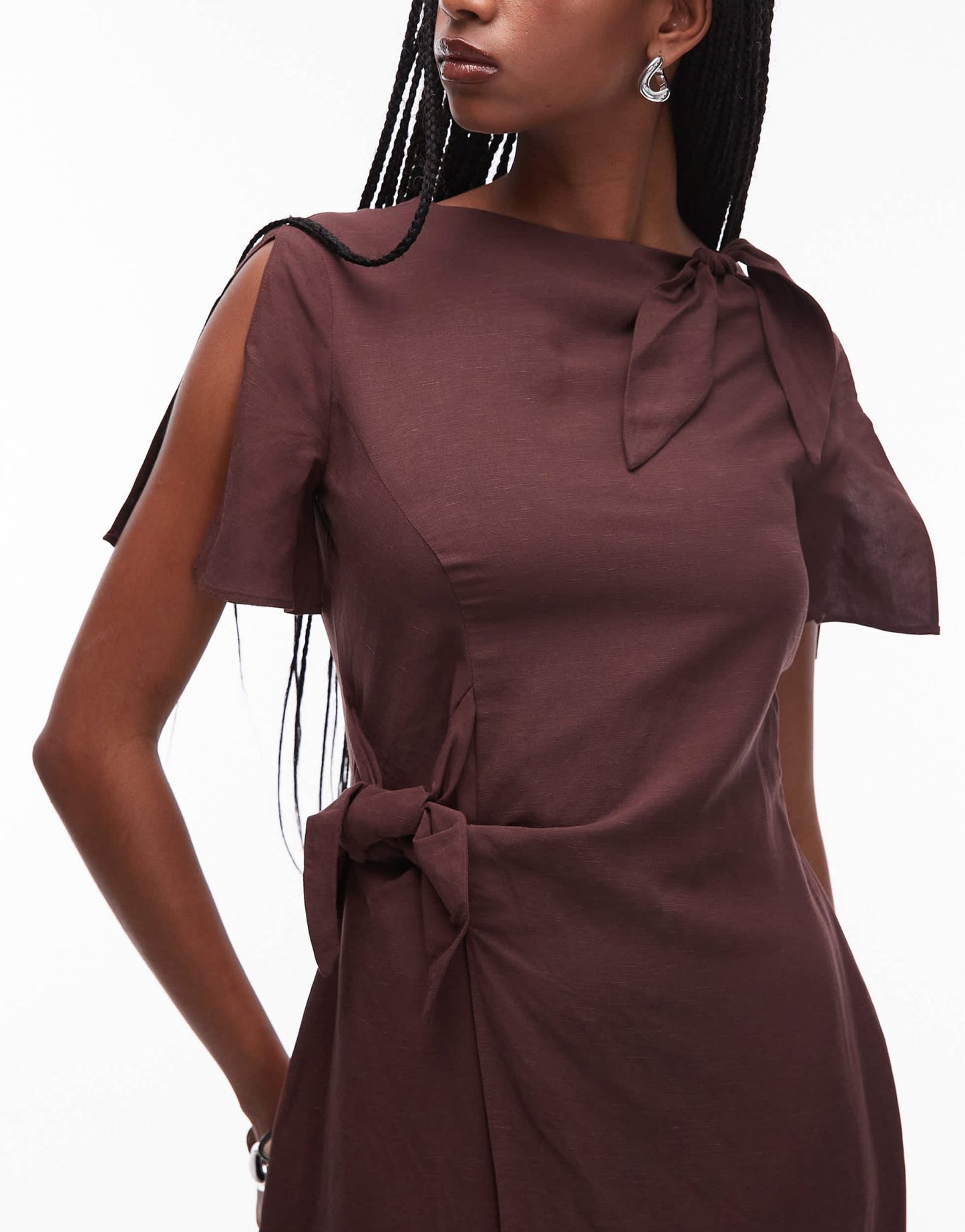 & Other Stories linen blend dress with wrap skirt and tie neck detail in brown - ASOS Sample Sale EU Store