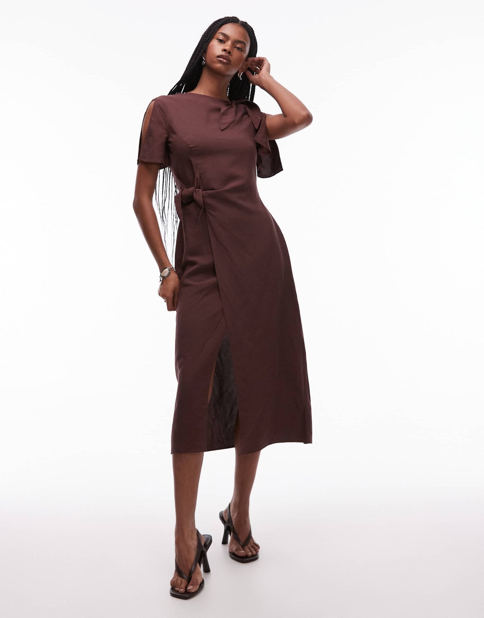 & Other Stories linen blend dress with wrap skirt and tie neck detail in brown - ASOS Sample Sale EU Store