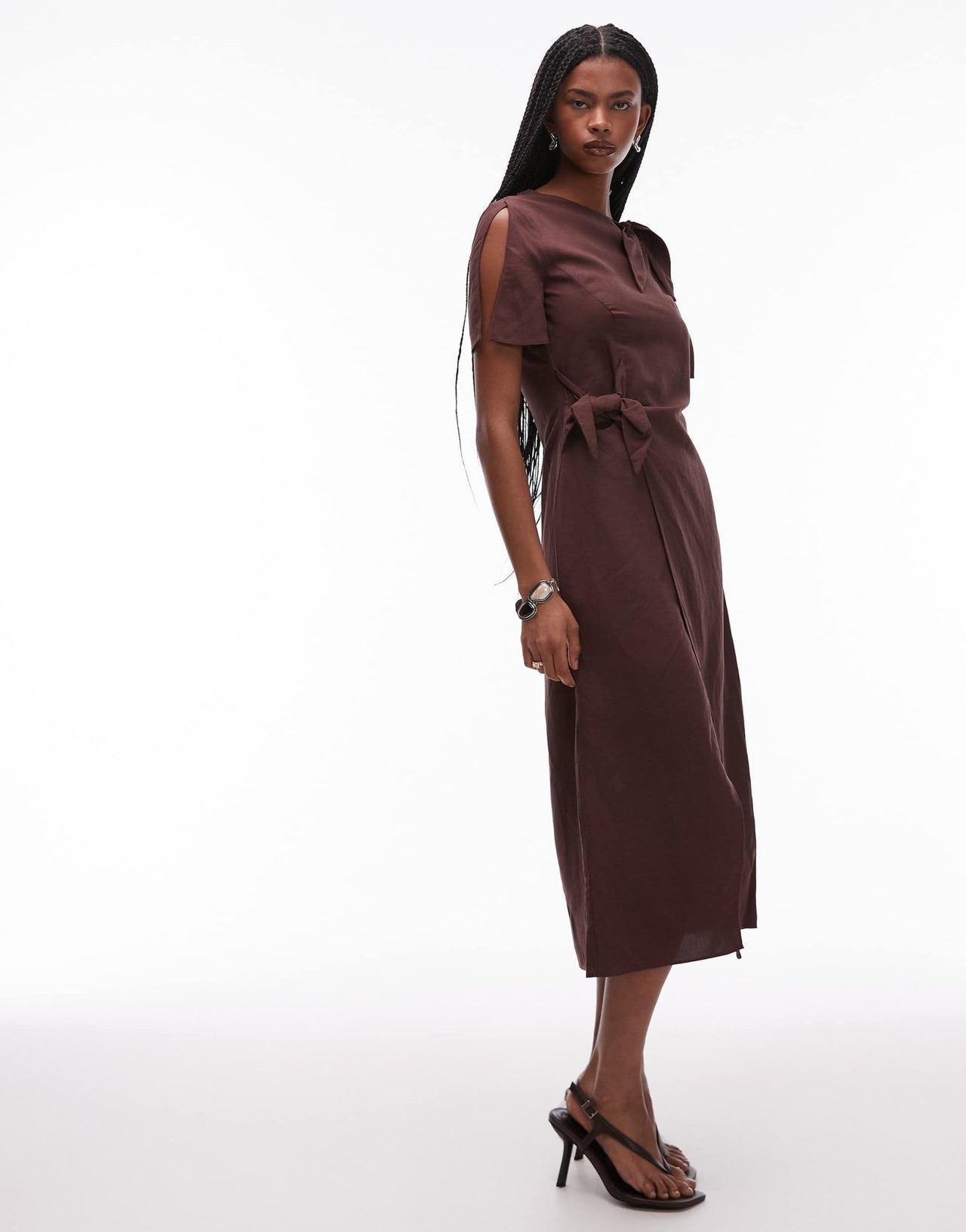& Other Stories linen blend dress with wrap skirt and tie neck detail in brown - ASOS Sample Sale EU Store