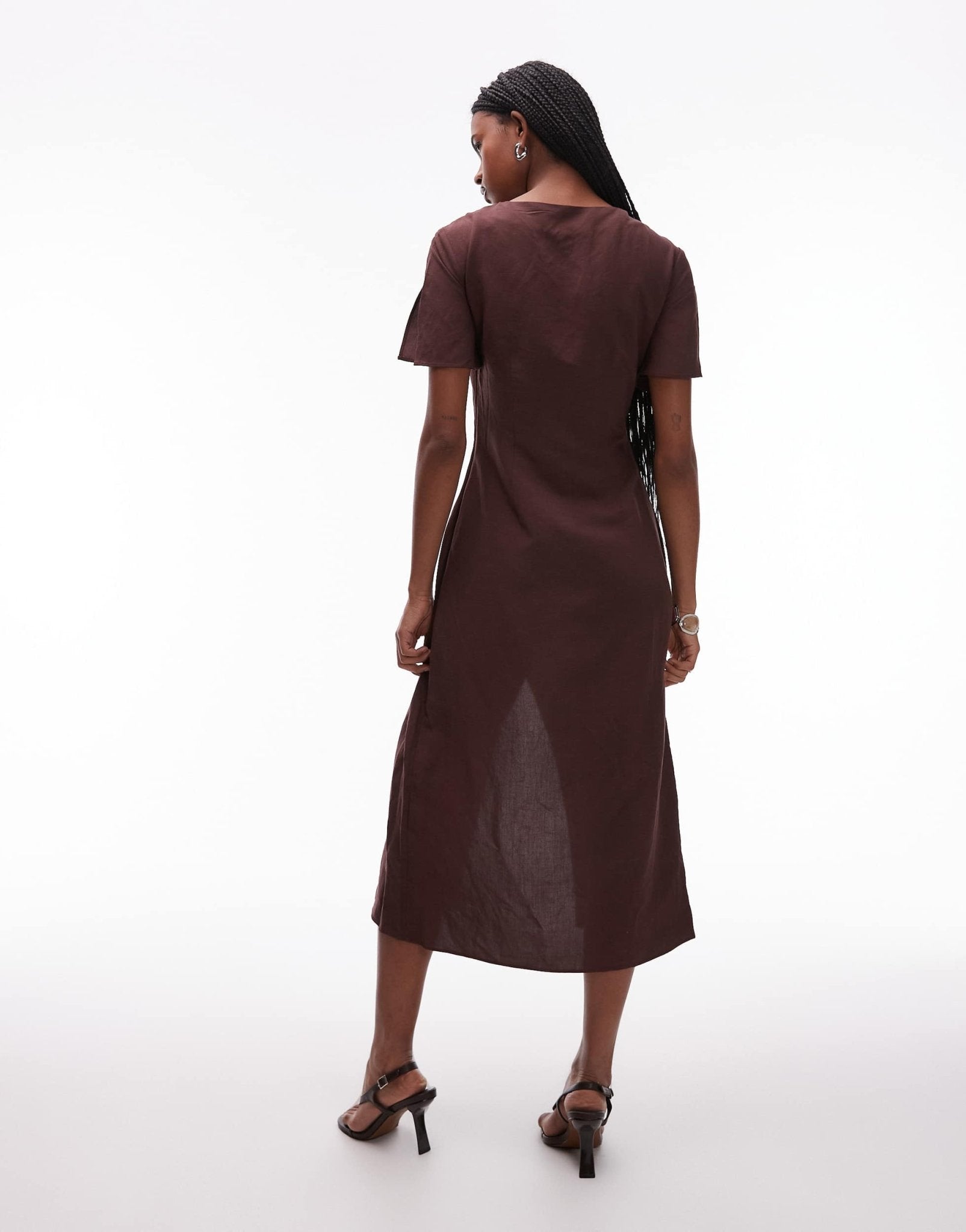 & Other Stories linen blend dress with wrap skirt and tie neck detail in brown - ASOS Sample Sale EU Store