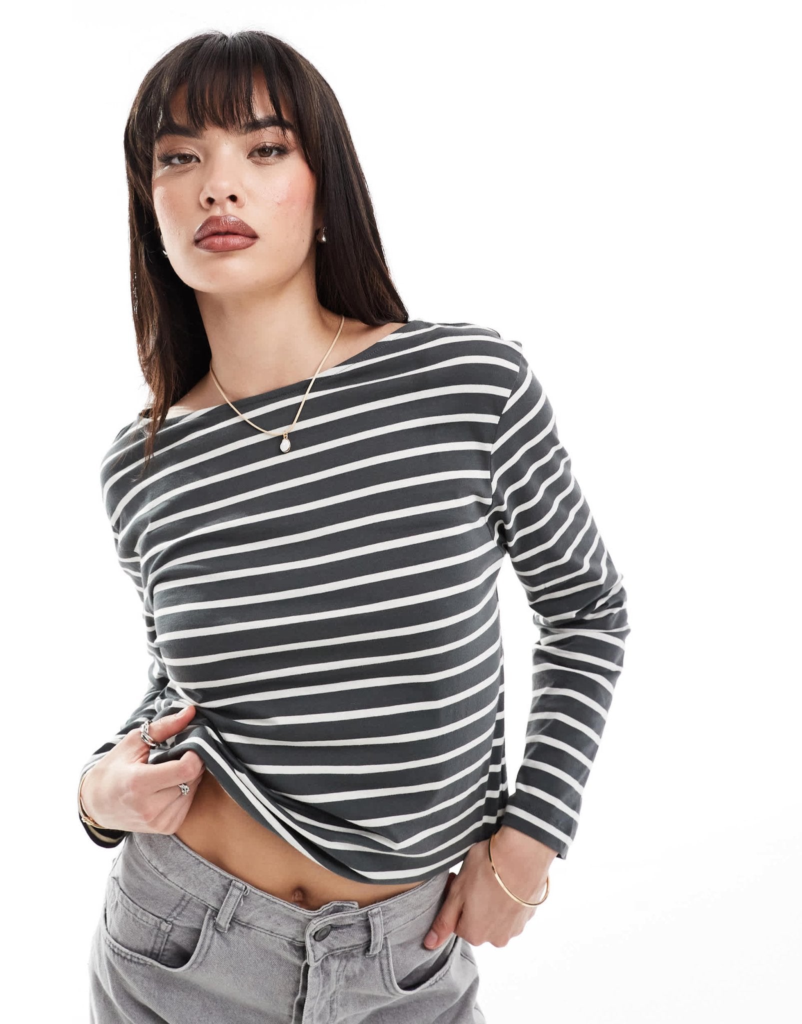 & Other Stories long sleeve top in grey and white stripes - ASOS Sample Sale EU Store