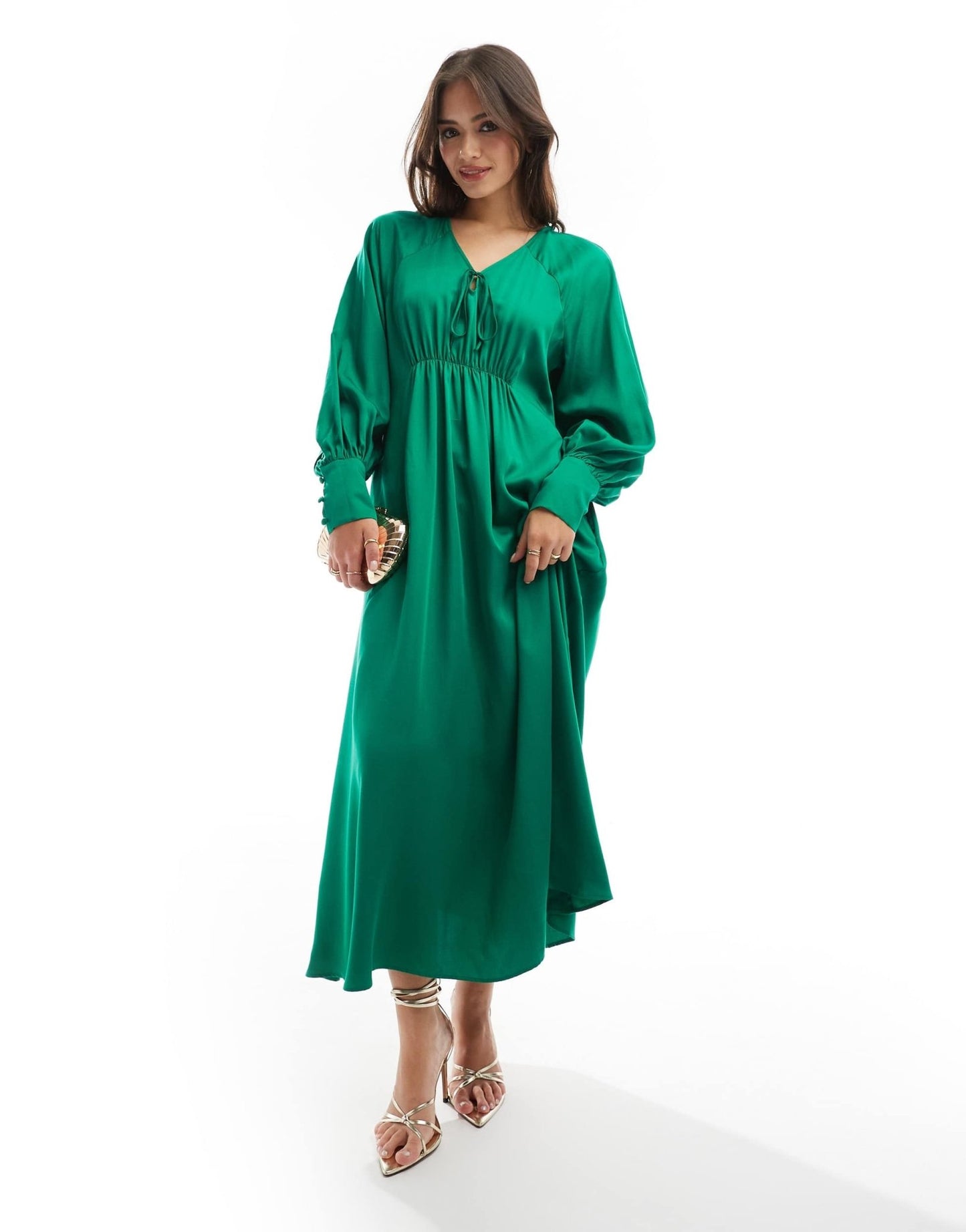 & Other Stories maxi dress with tie front v - neckline and long sleeves in green - ASOS Sample Sale EU Store