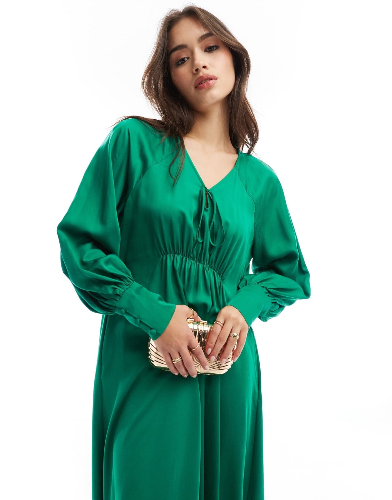 & Other Stories maxi dress with tie front v - neckline and long sleeves in green - ASOS Sample Sale EU Store