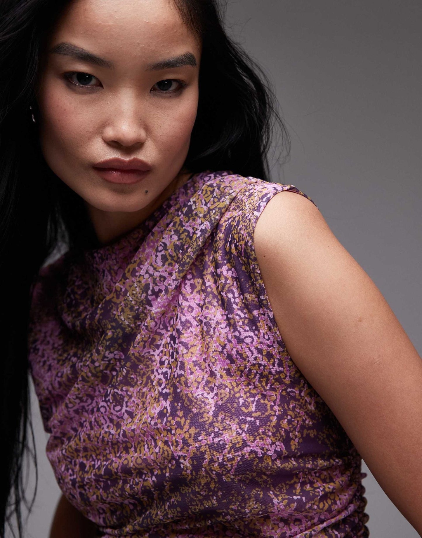 & Other Stories mesh top with drape detail&nbsp;in pink print - ASOS Sample Sale EU Store