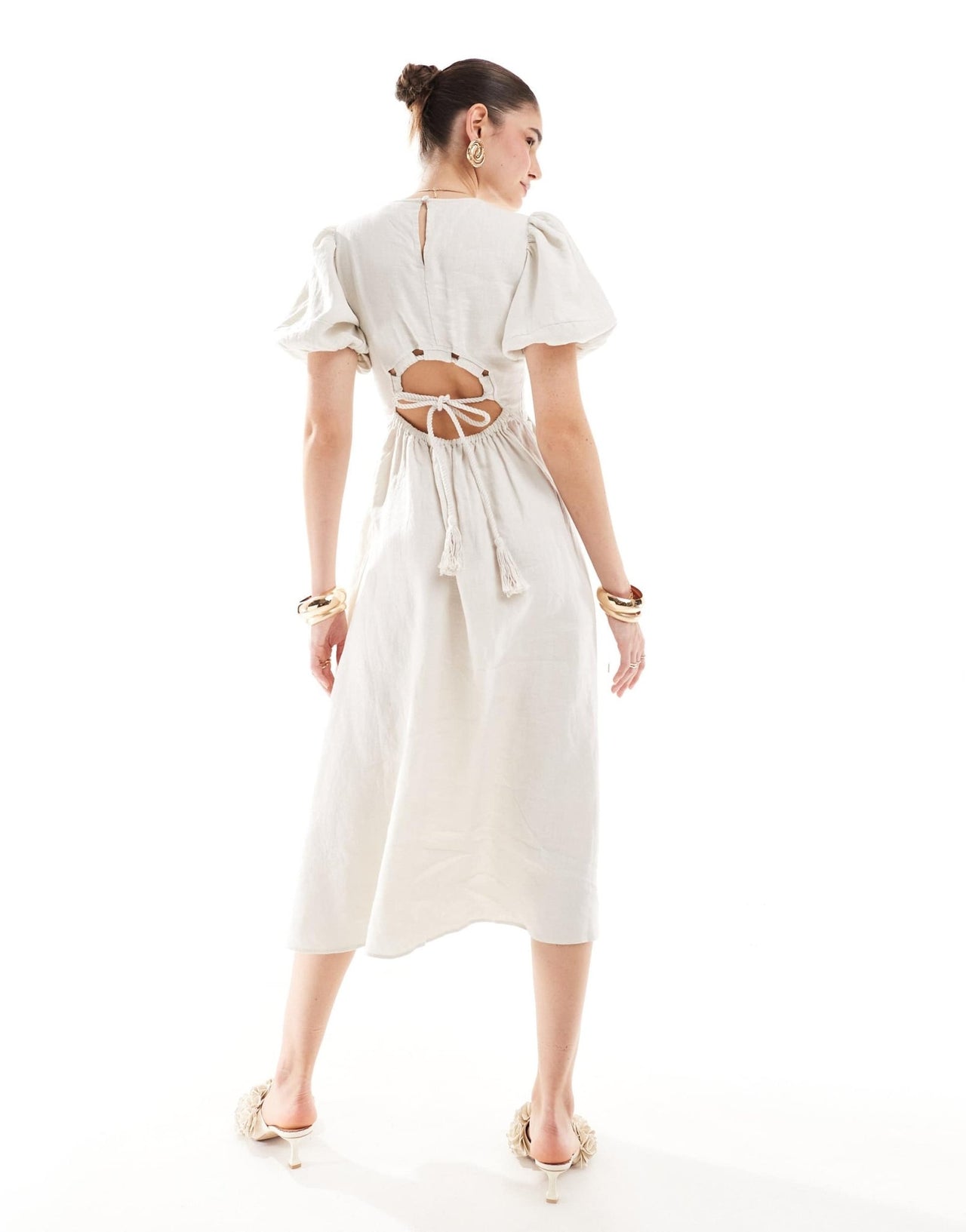 & Other Stories midi dress with volume sleeves and open back detail with tassels in off white - ASOS Sample Sale EU Store