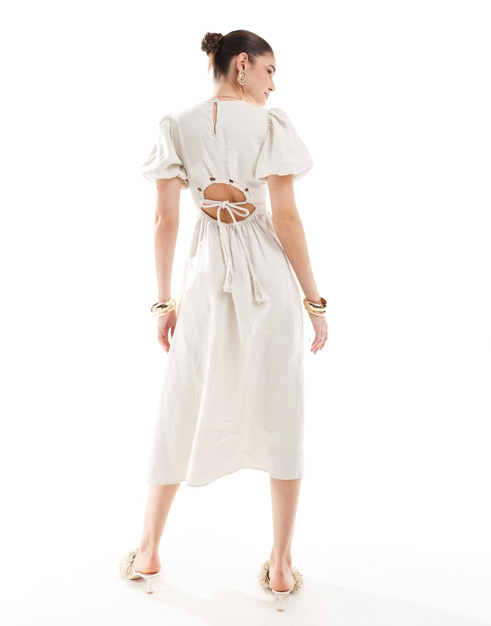 & Other Stories midi dress with volume sleeves and open back detail with tassels in off white - ASOS Sample Sale EU Store