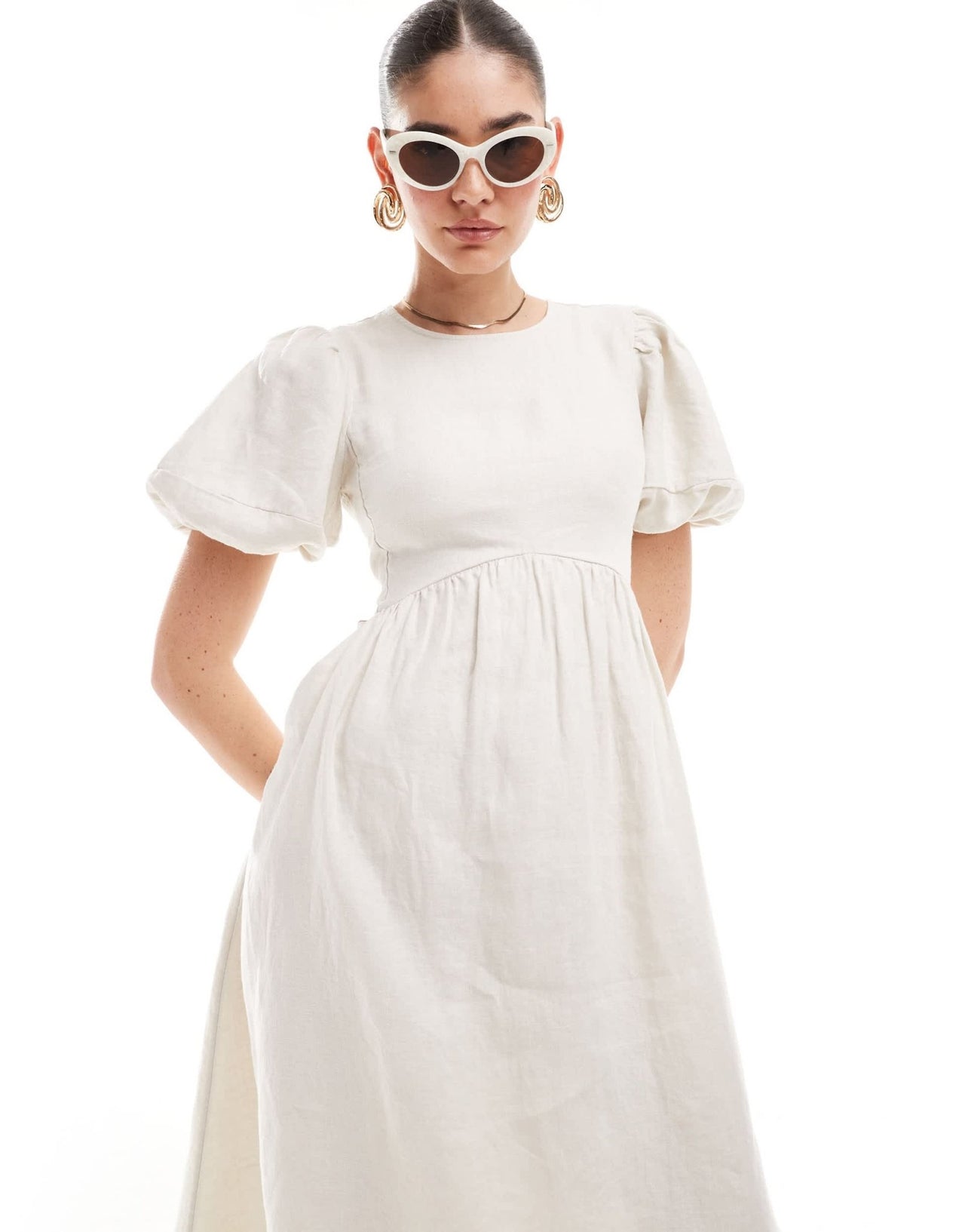 & Other Stories midi dress with volume sleeves and open back detail with tassels in off white - ASOS Sample Sale EU Store