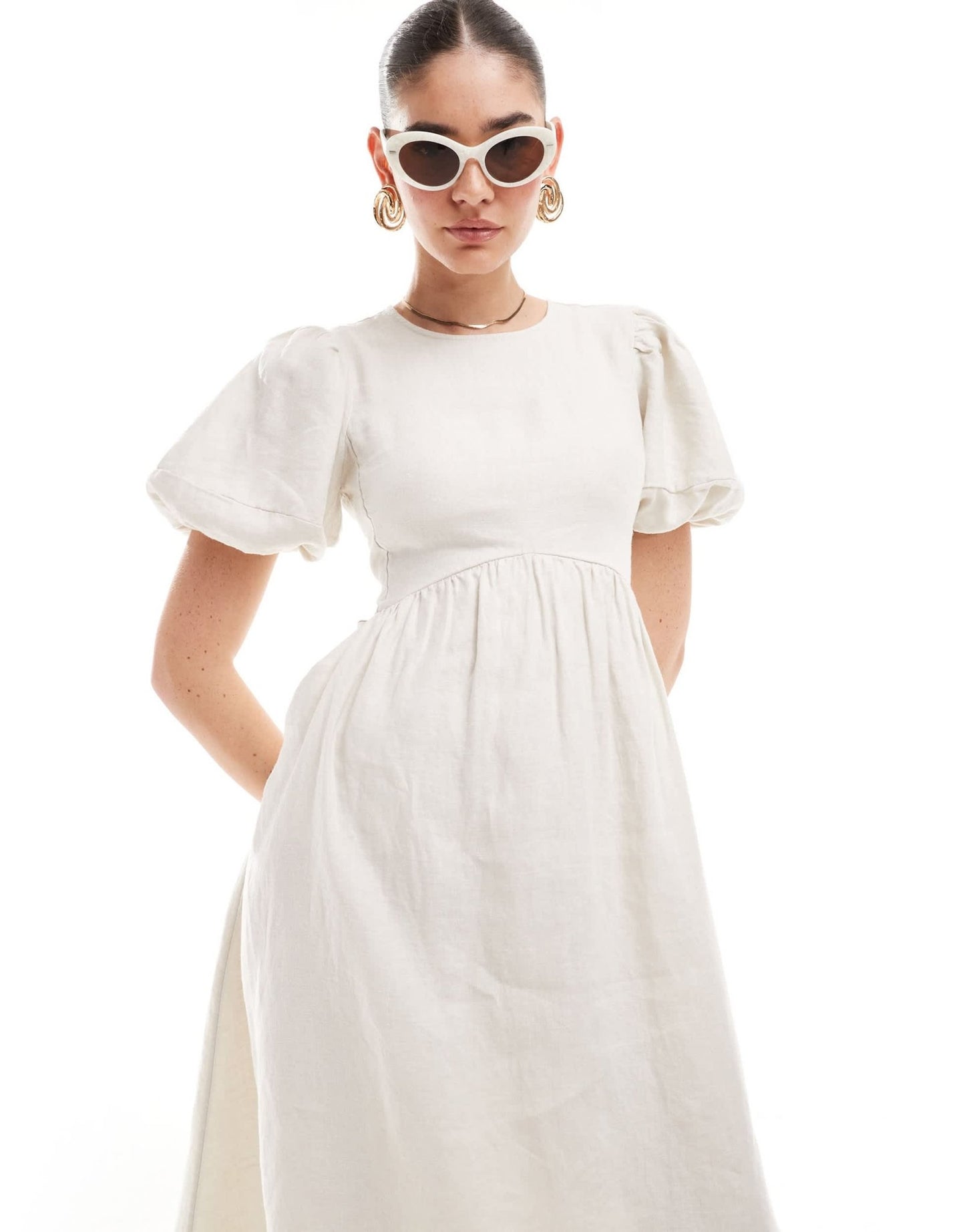 & Other Stories midi dress with volume sleeves and open back detail with tassels in off white - ASOS Sample Sale EU Store