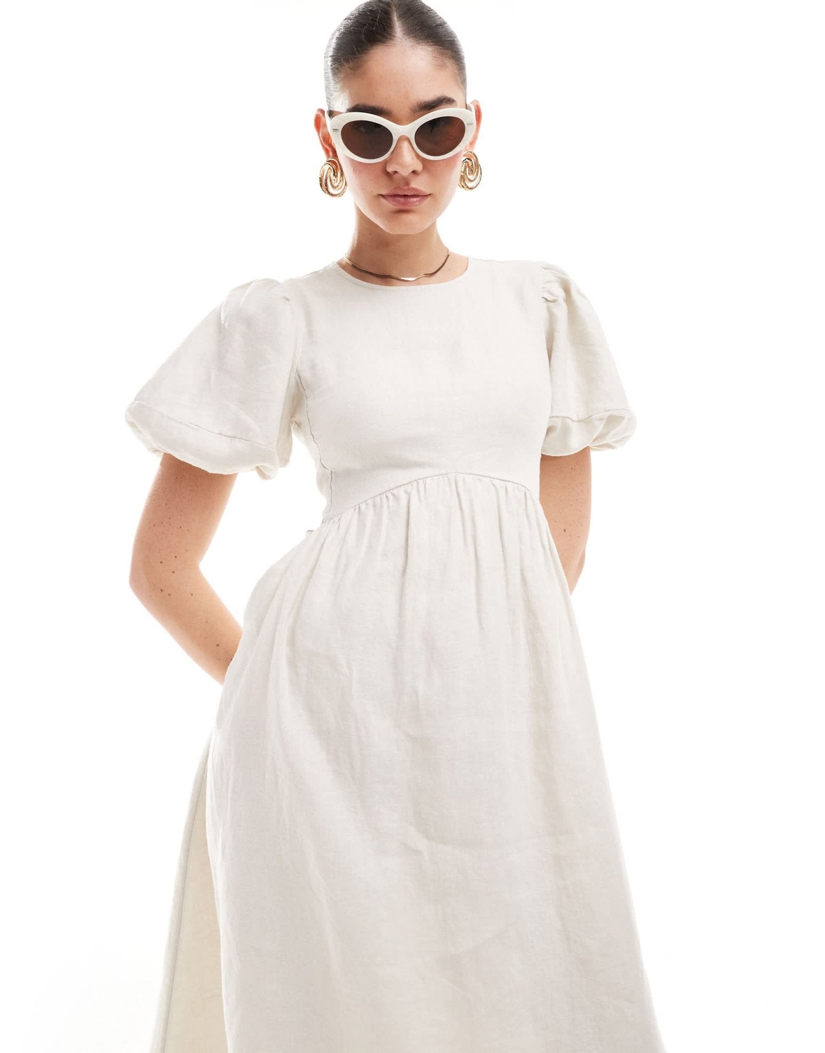 & Other Stories midi dress with volume sleeves and open back detail with tassels in off white - ASOS Sample Sale EU Store