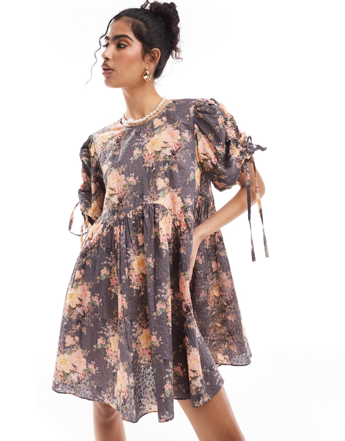 & Other Stories mini smock dress with tie detail volume sleeves in textured floral print - ASOS Sample Sale EU Store