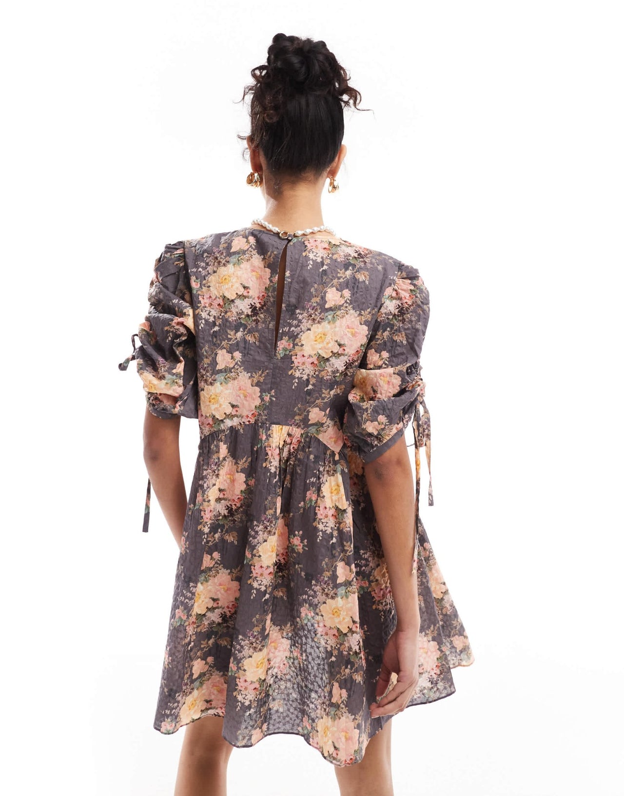 & Other Stories mini smock dress with tie detail volume sleeves in textured floral print - ASOS Sample Sale EU Store
