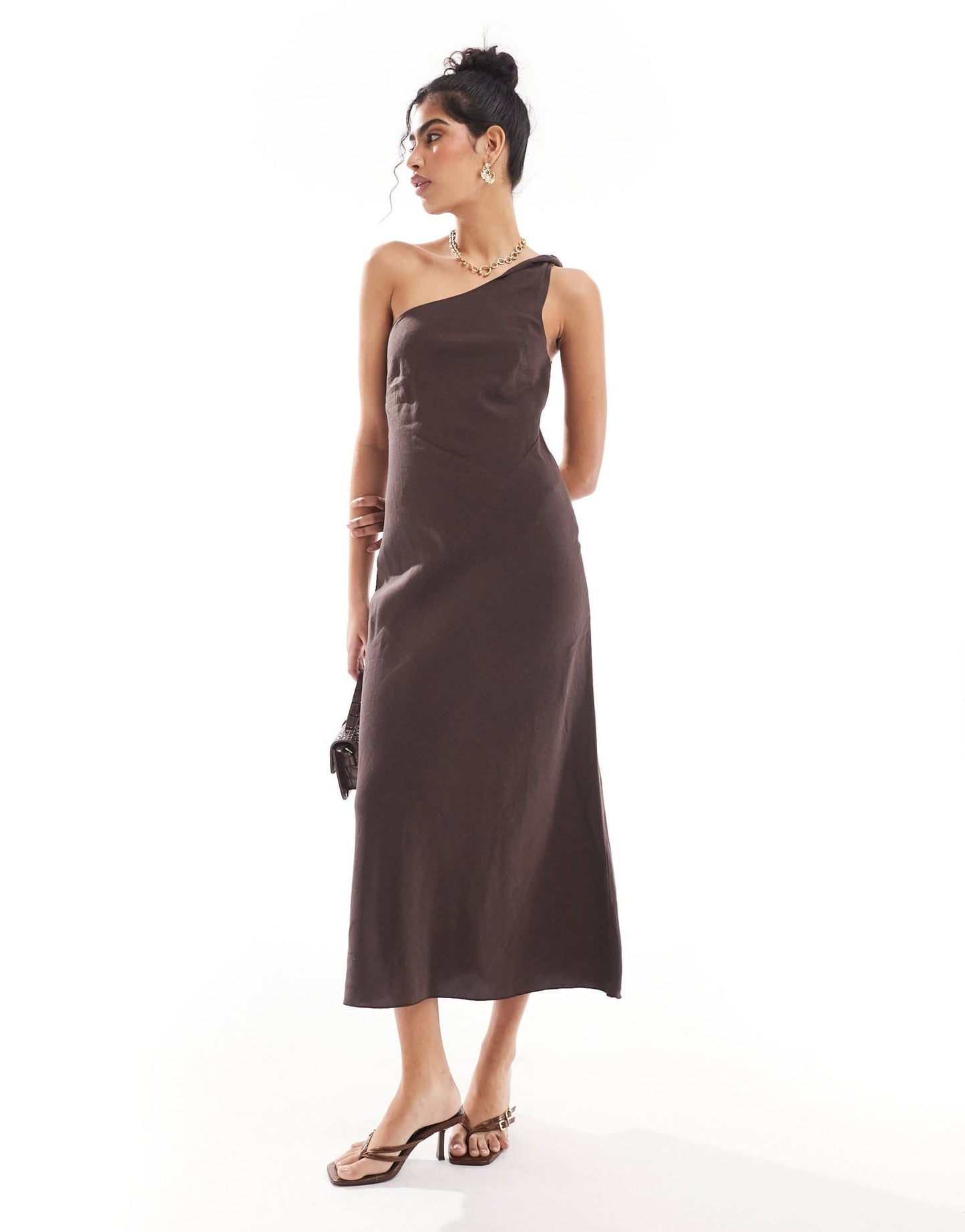 & Other Stories one shoulder linen midi dress with twisted strap detail in dark brown - ASOS Sample Sale EU Store