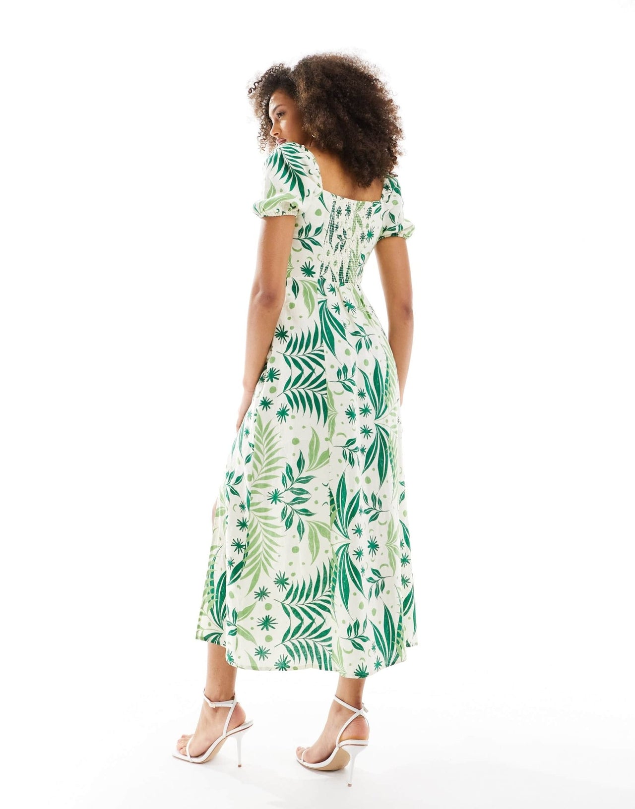 & Other Stories puff sleeve linen midi dress in fern and floral print - ASOS Sample Sale EU Store