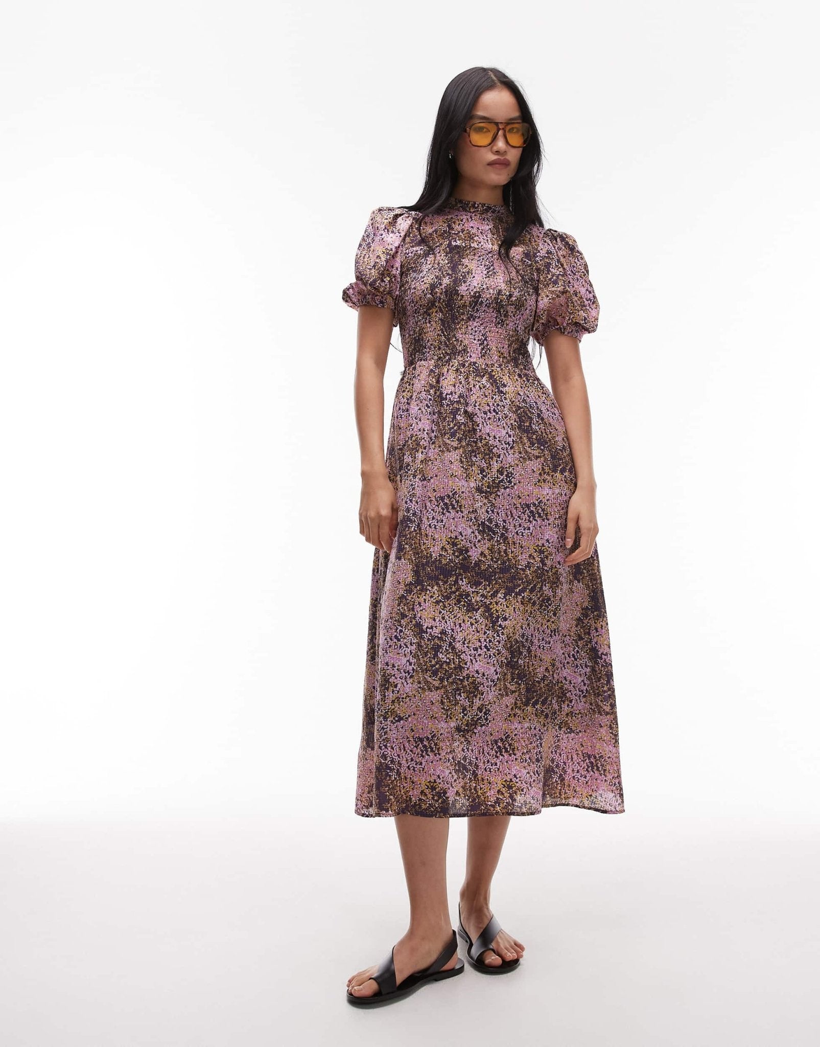 & Other Stories puff sleeves midi dress with shirred bodice in lilac abstract print - ASOS Sample Sale EU Store