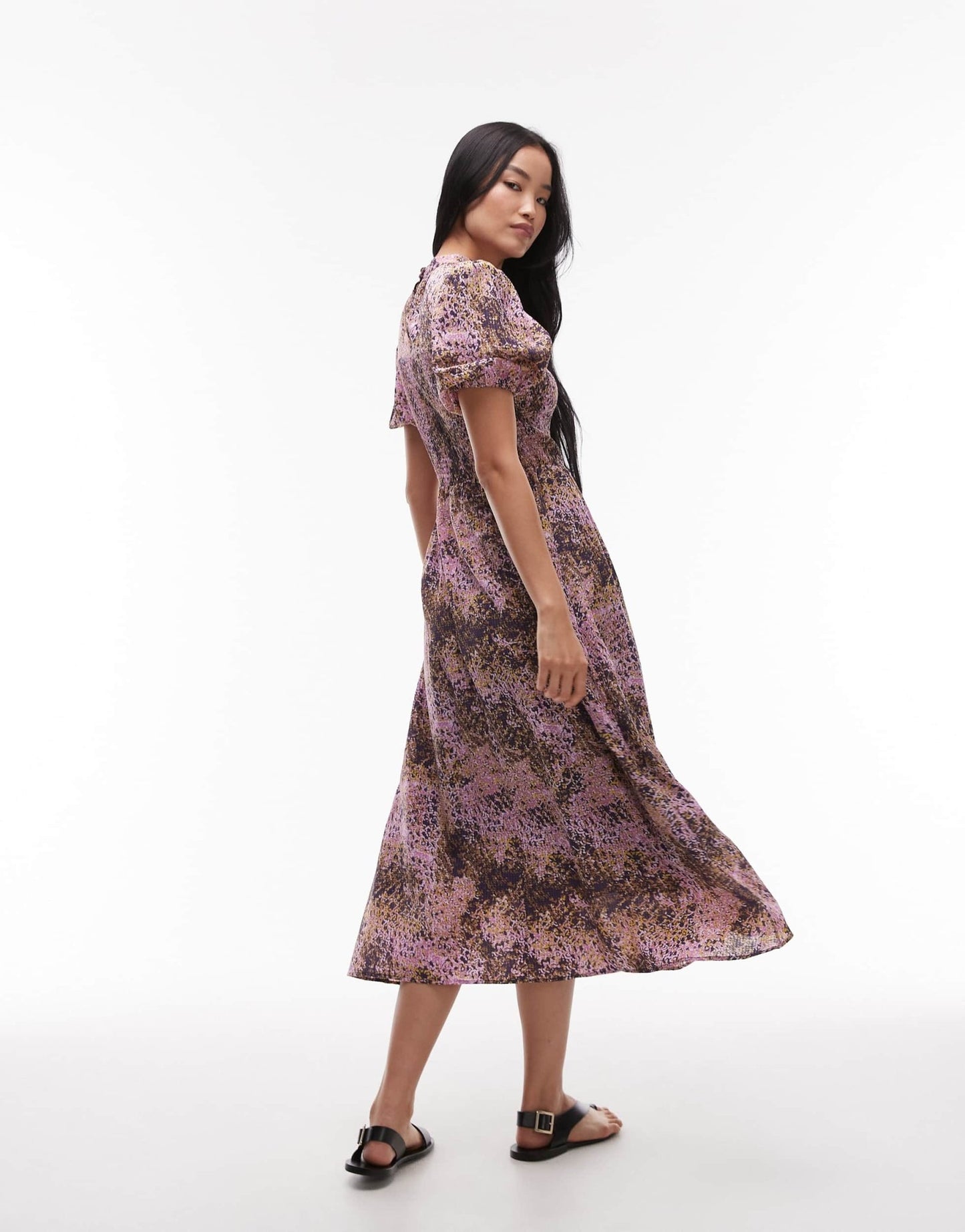 & Other Stories puff sleeves midi dress with shirred bodice in lilac abstract print - ASOS Sample Sale EU Store