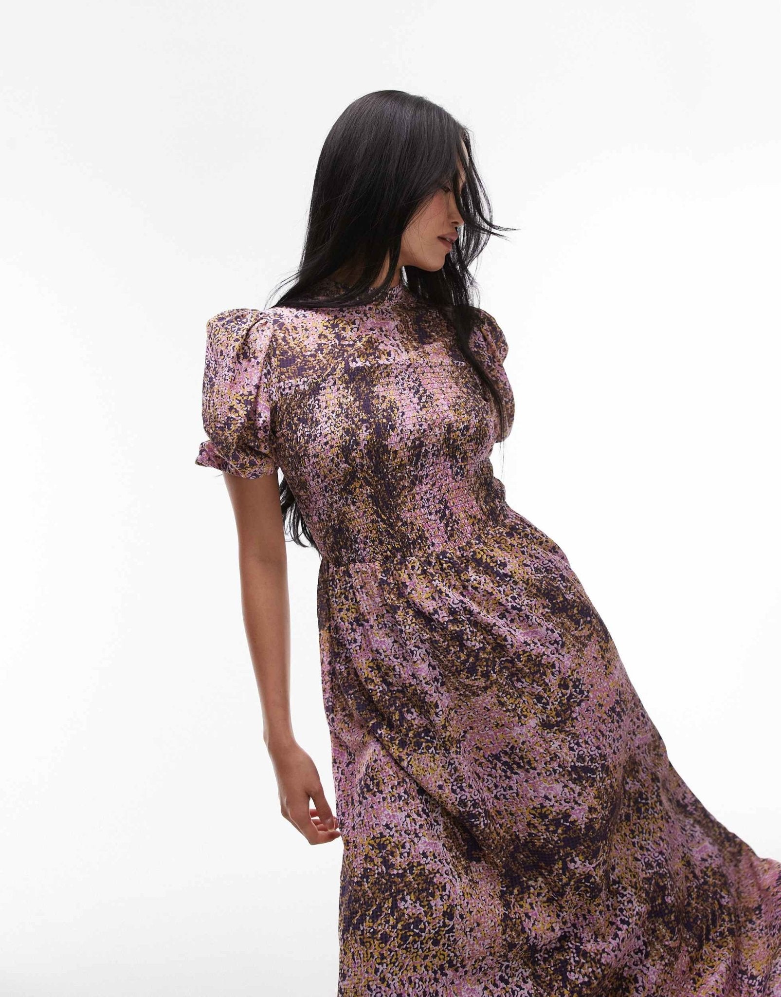 & Other Stories puff sleeves midi dress with shirred bodice in lilac abstract print - ASOS Sample Sale EU Store