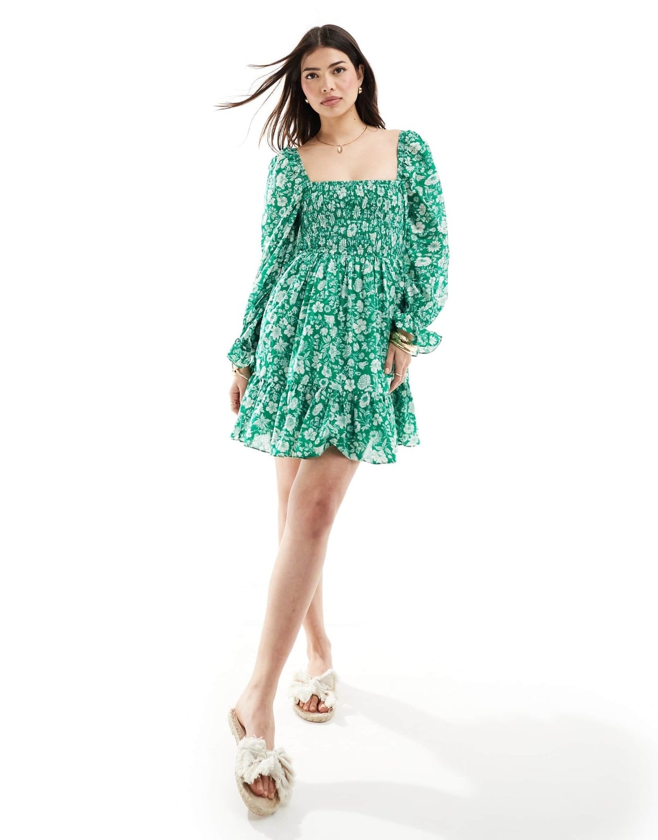 & Other Stories ruche bodice mini dress with volume sleeve and tiered hem in green floral print - ASOS Sample Sale EU Store